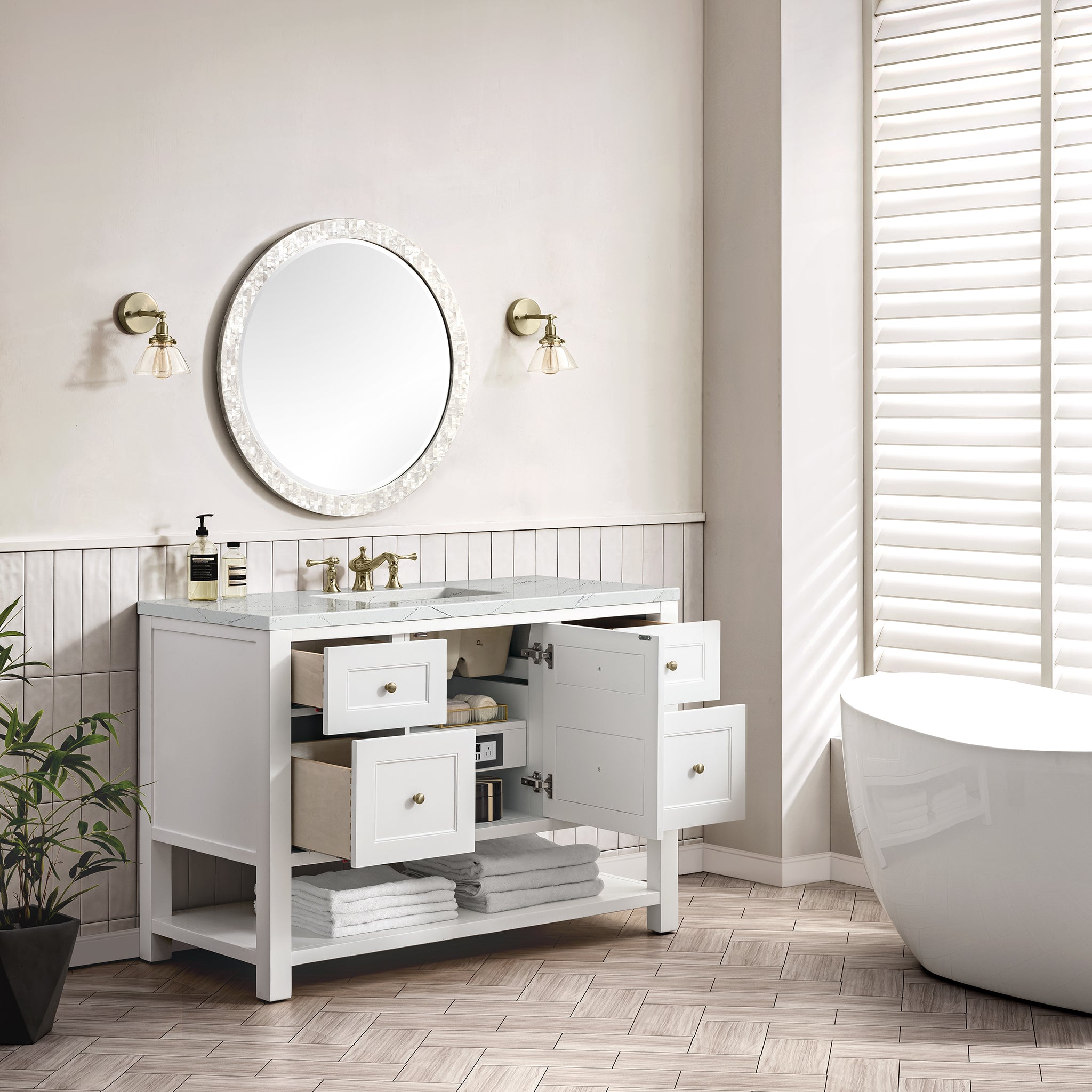 James Martin Breckenridge 48" Single Vanity in Bright White with 3cm Countertop and FreePower Wireless Charger