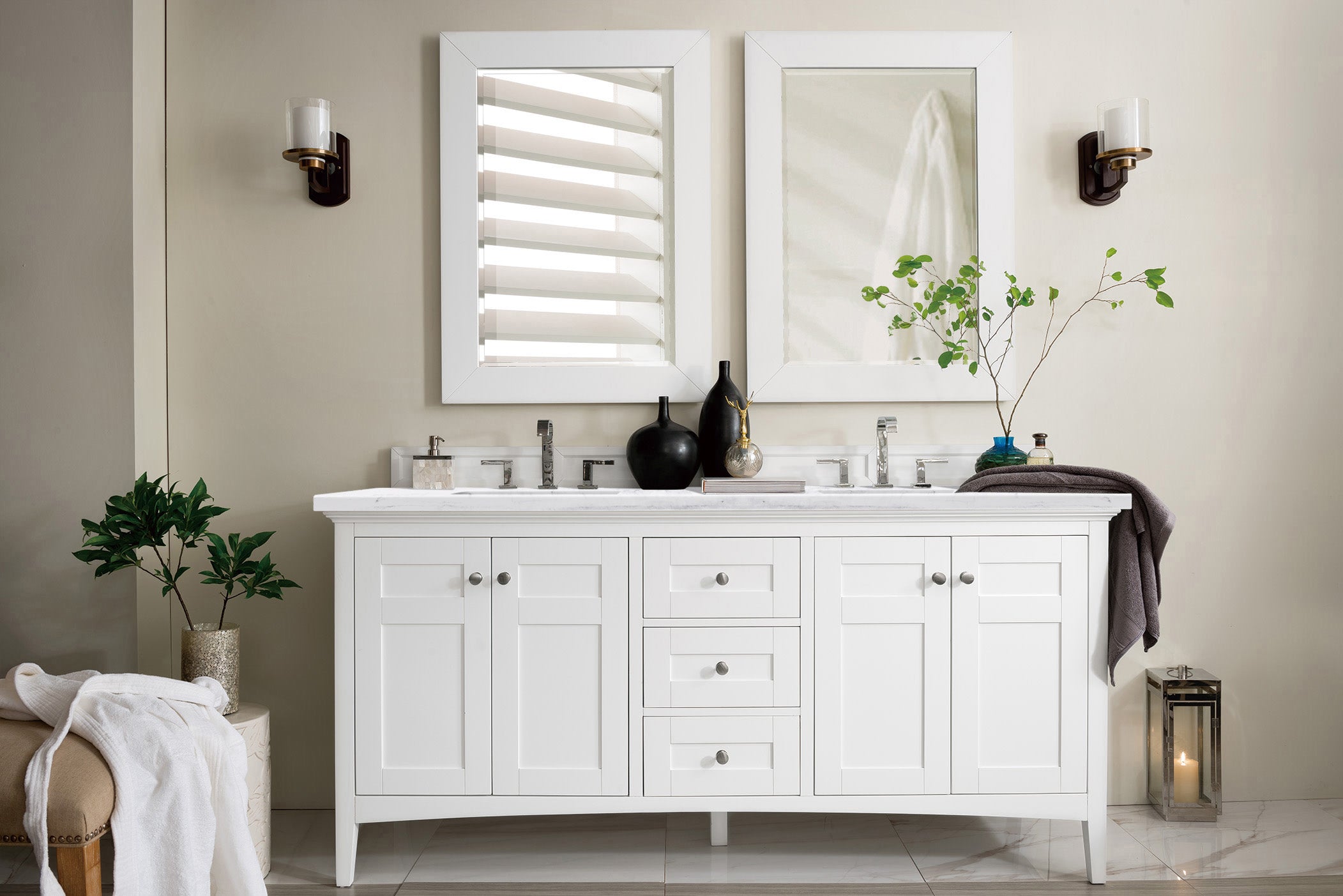 James Martin Palisades 72" Double Vanity in Bright White with 3cm Countertop