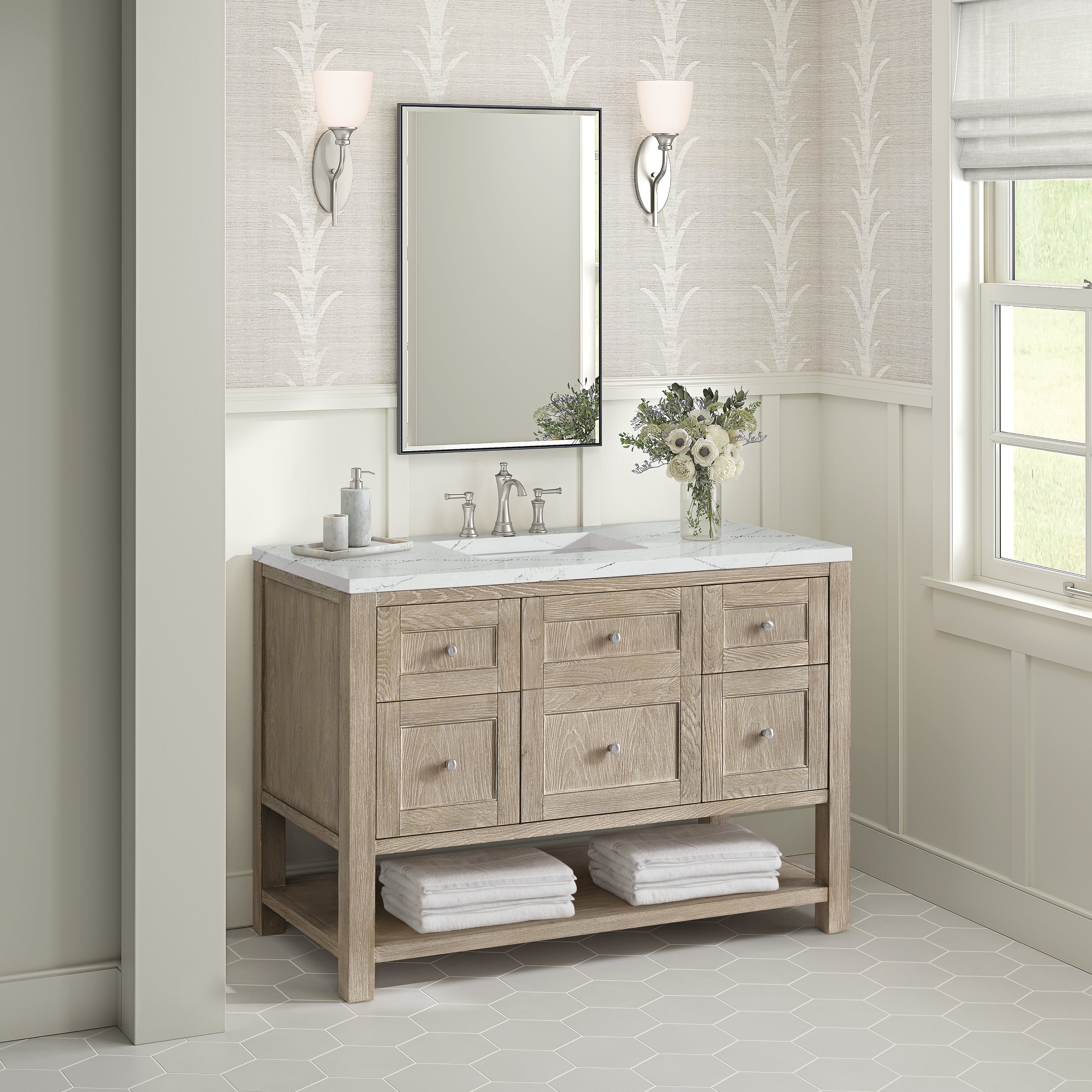 James Martin Breckenridge 48" Single Vanity in Whitewashed Oak with 3cm Countertop and FreePower Wireless Charger