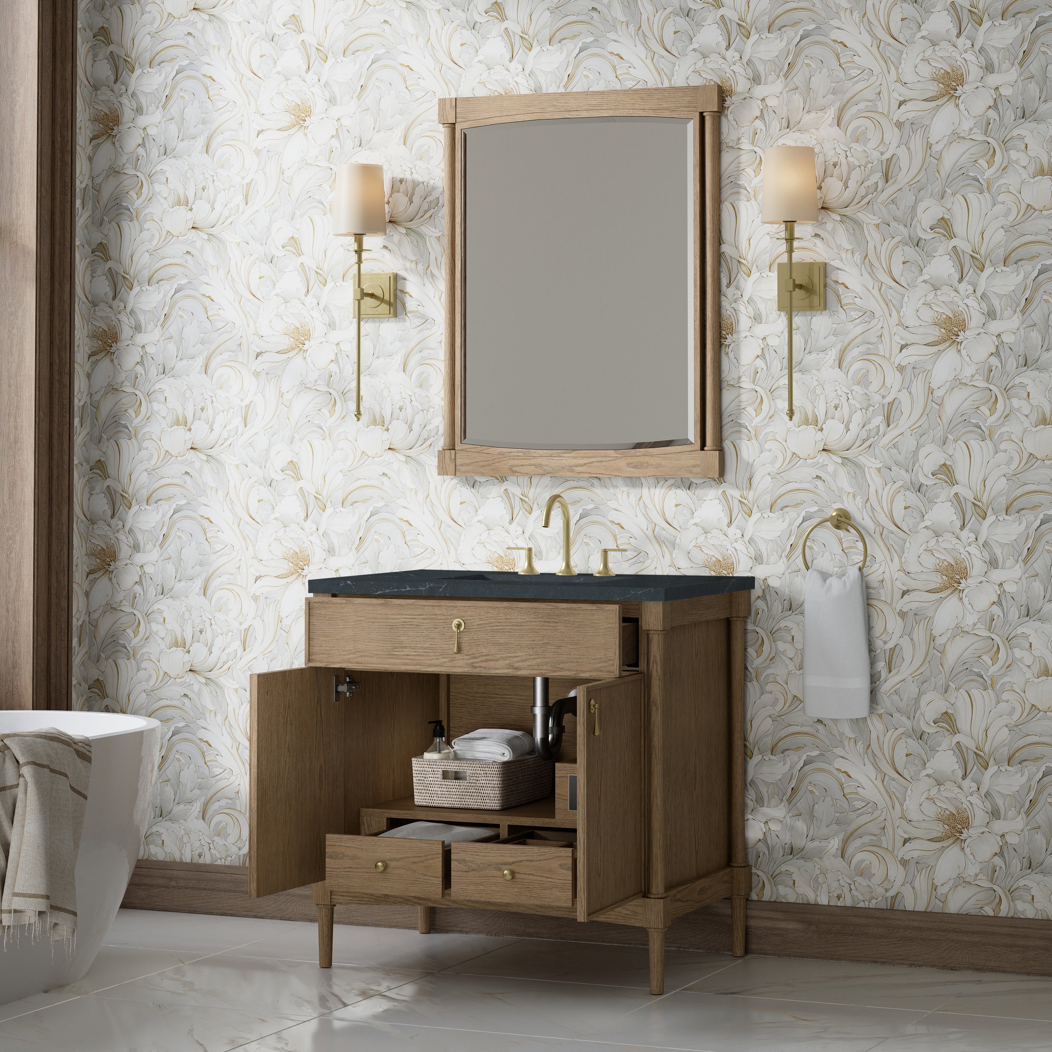 James Martin Kinnsden 36" Single Vanity in Weathered Oak with 3cm Countertop