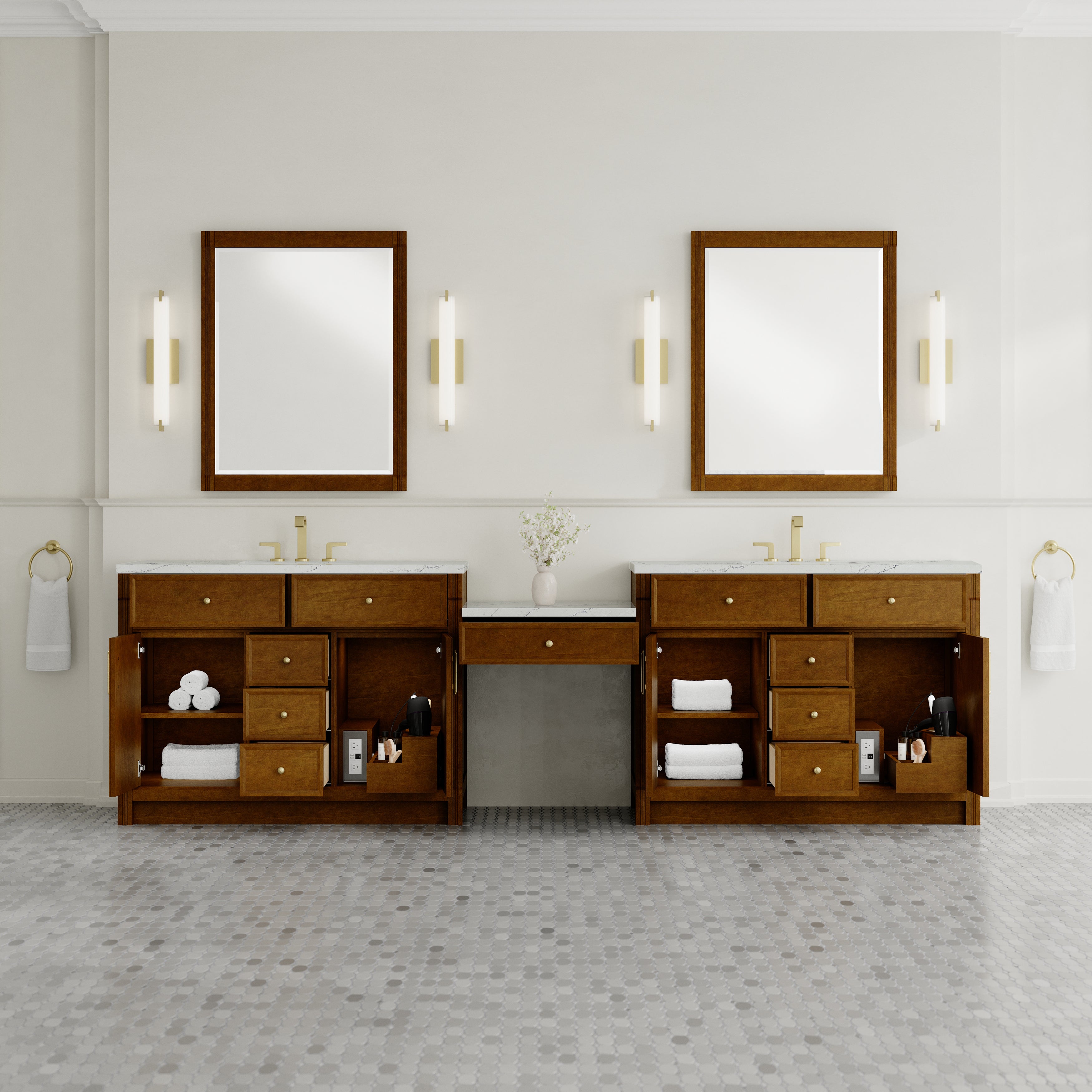 James Martin Bellshire 120" Dual Vanity Set with 24" Make-Up Counter in Honey Oak with 3cm Countertop and FreePower Wireless Charger