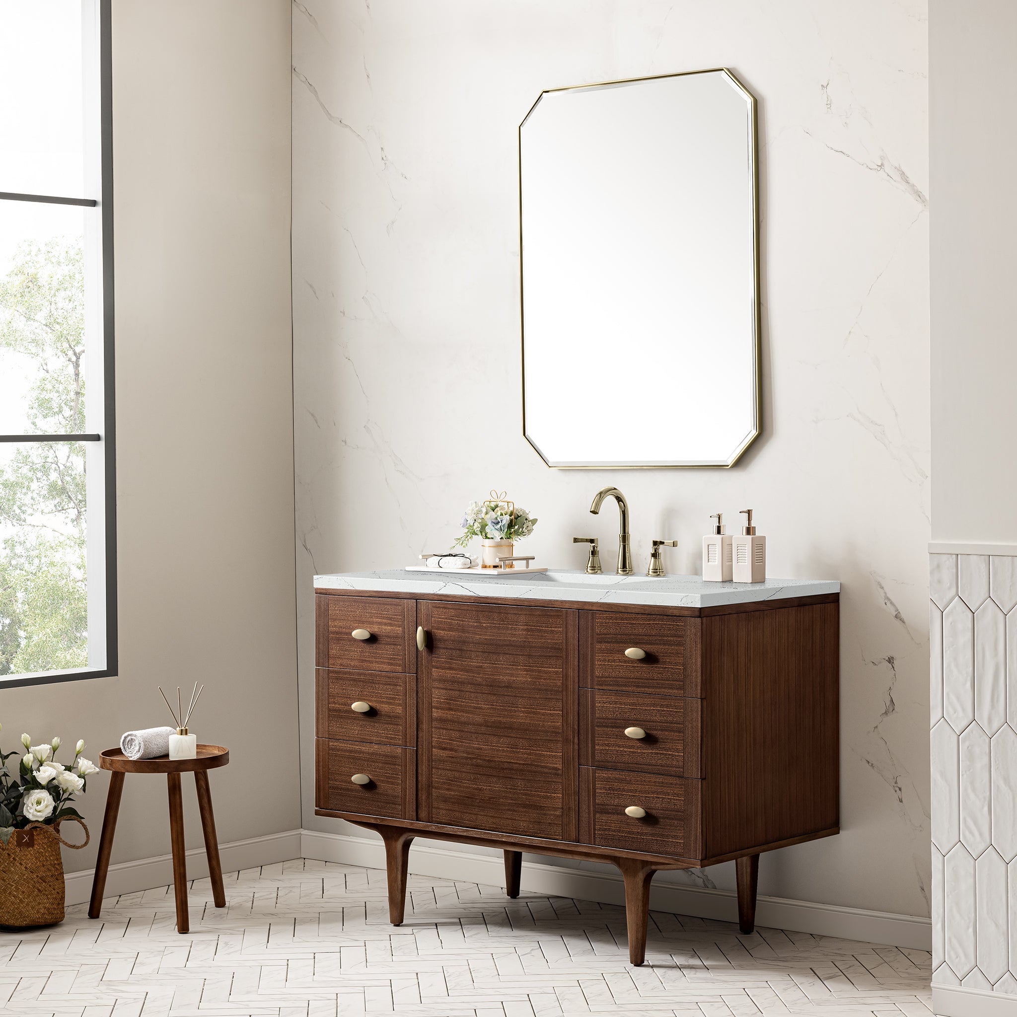 James Martin Amberly 48" Single Vanity in Mid-Century Walnut with 3cm Countertop and FreePower Wireless Charger