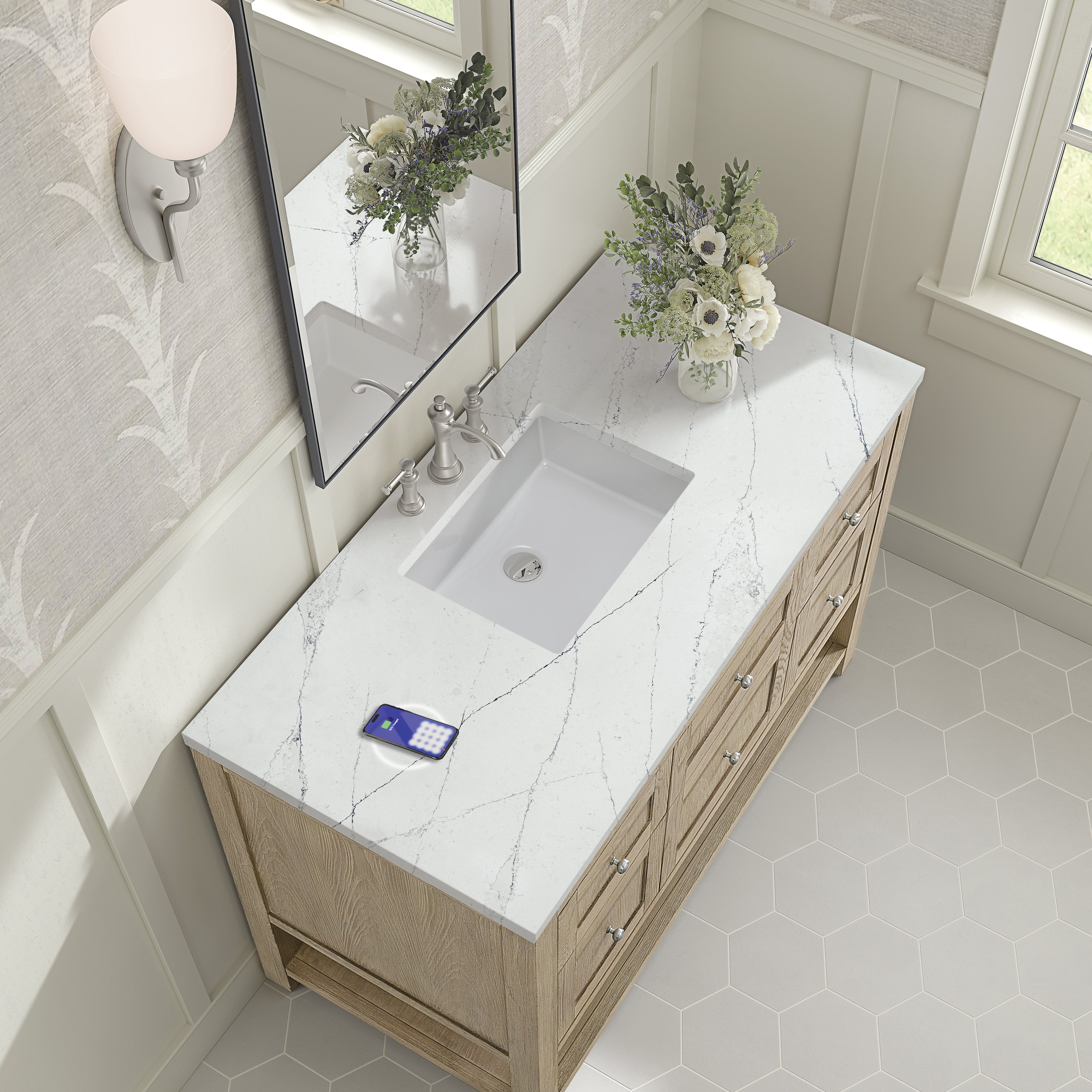 James Martin Breckenridge 48" Single Vanity in Whitewashed Oak with 3cm Countertop and FreePower Wireless Charger