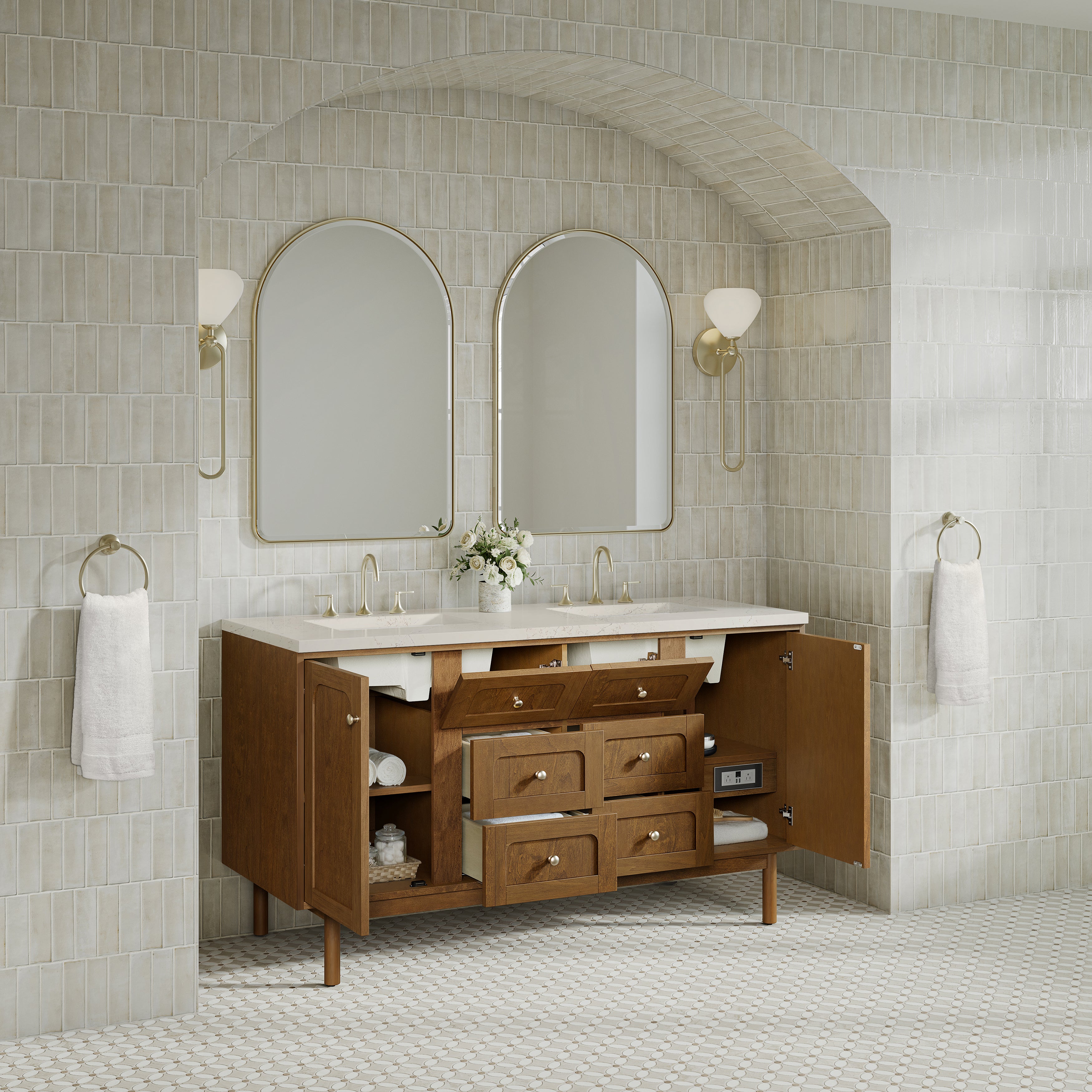 James Martin Laurent 60" Double Vanity in Honey Oak with 3cm Countertop and FreePower Wireless Charger