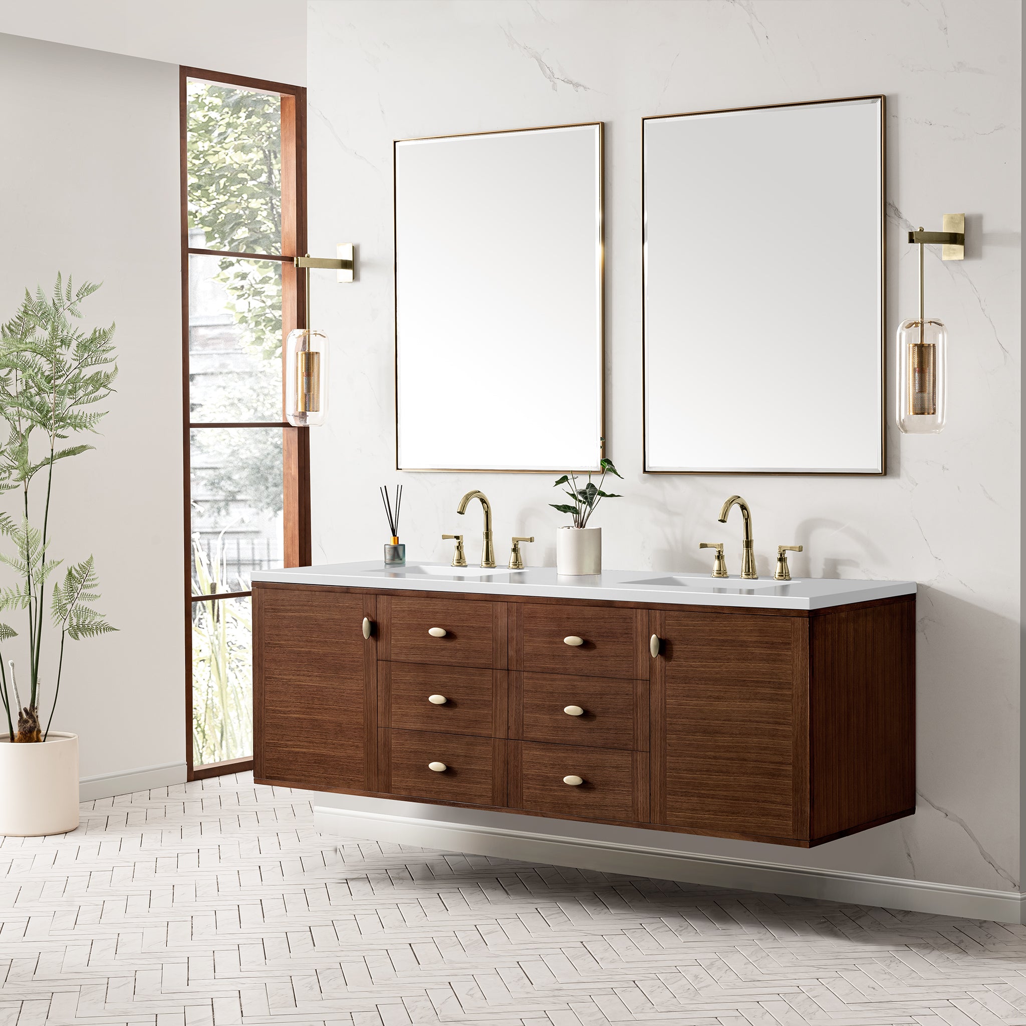 James Martin Amberly 72" Double Vanity in Mid-Century Walnut with 3cm Countertop