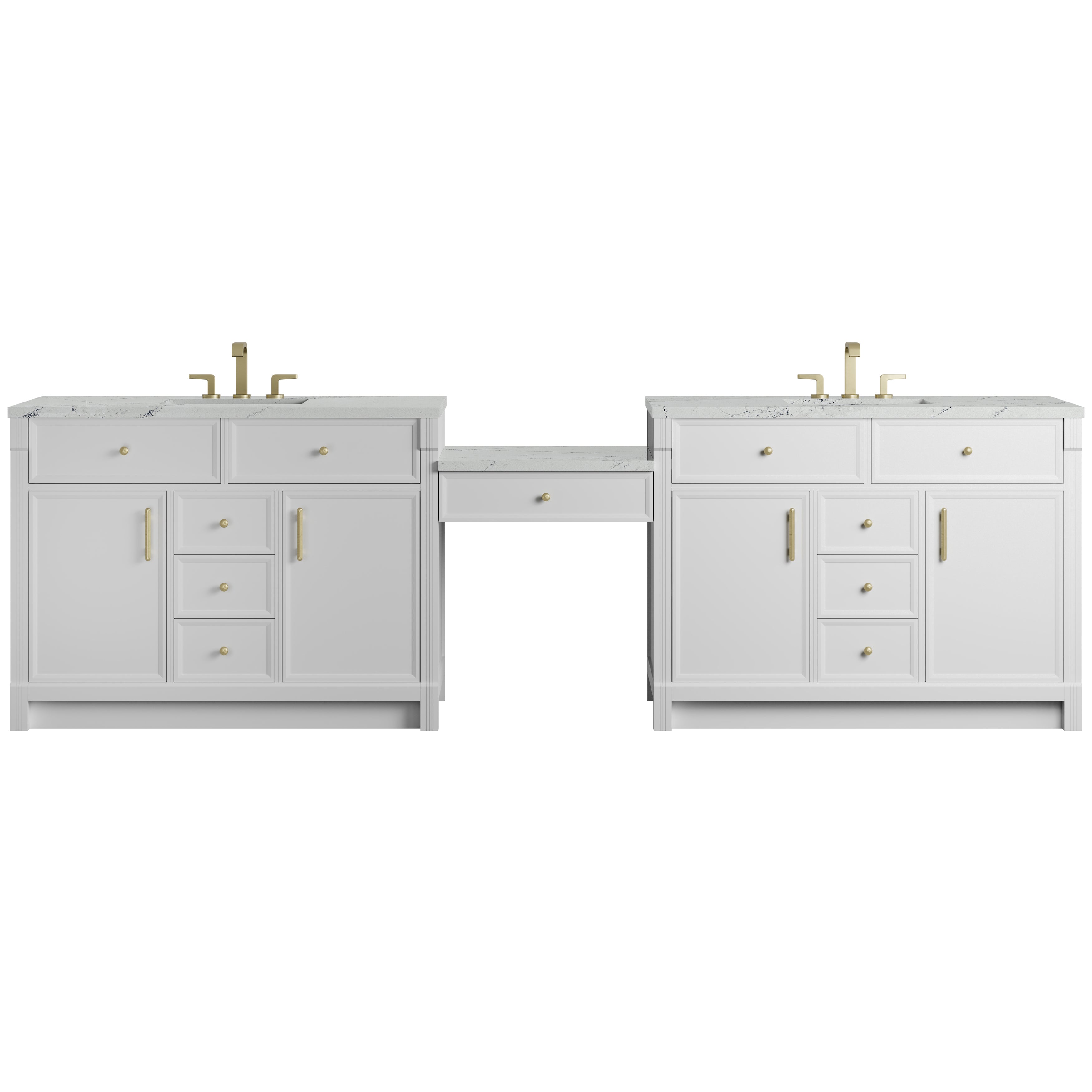 James Martin Bellshire 120" Dual Vanity Set with 24" Make-Up Counter in Bright White with 3cm Countertop and FreePower Wireless Charger