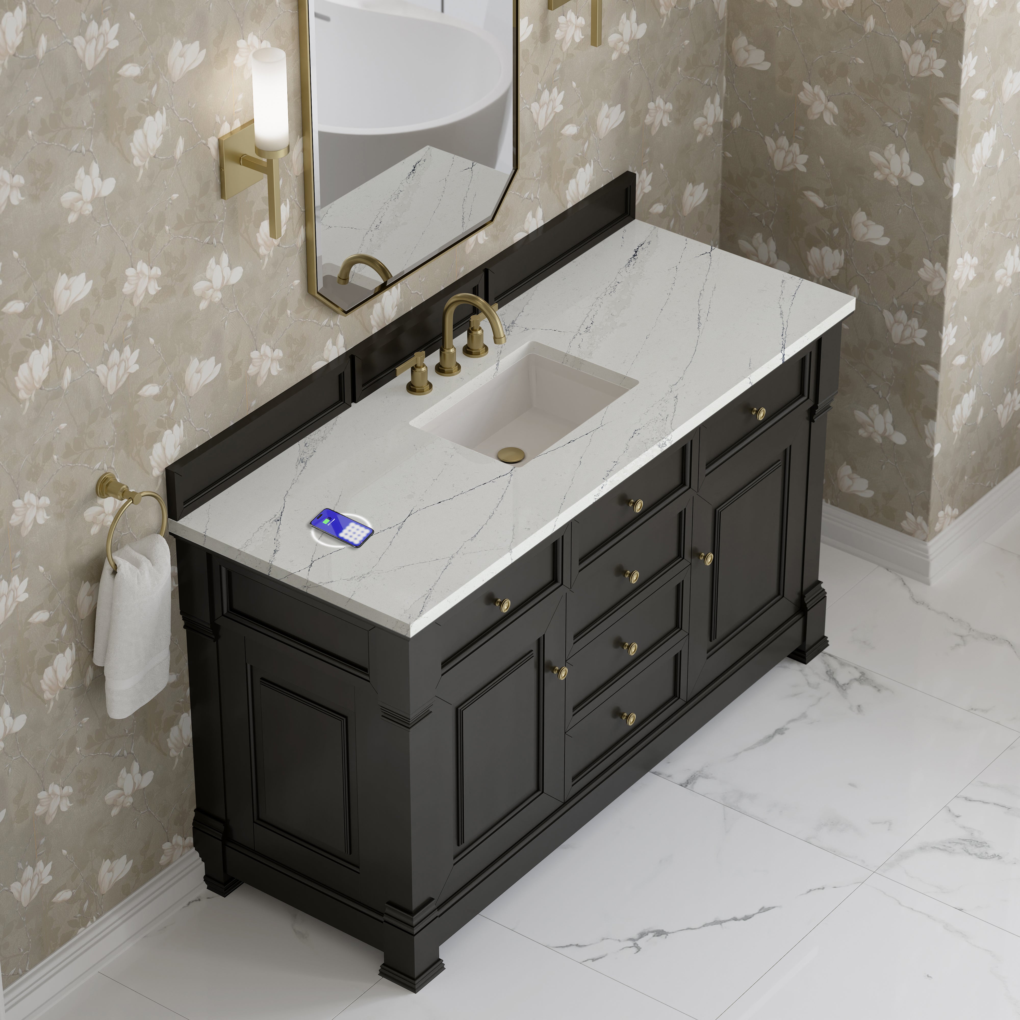 James Martin Brookfield 60" Single Vanity in Black Onyx with 3cm Countertop and FreePower Wireless Charger