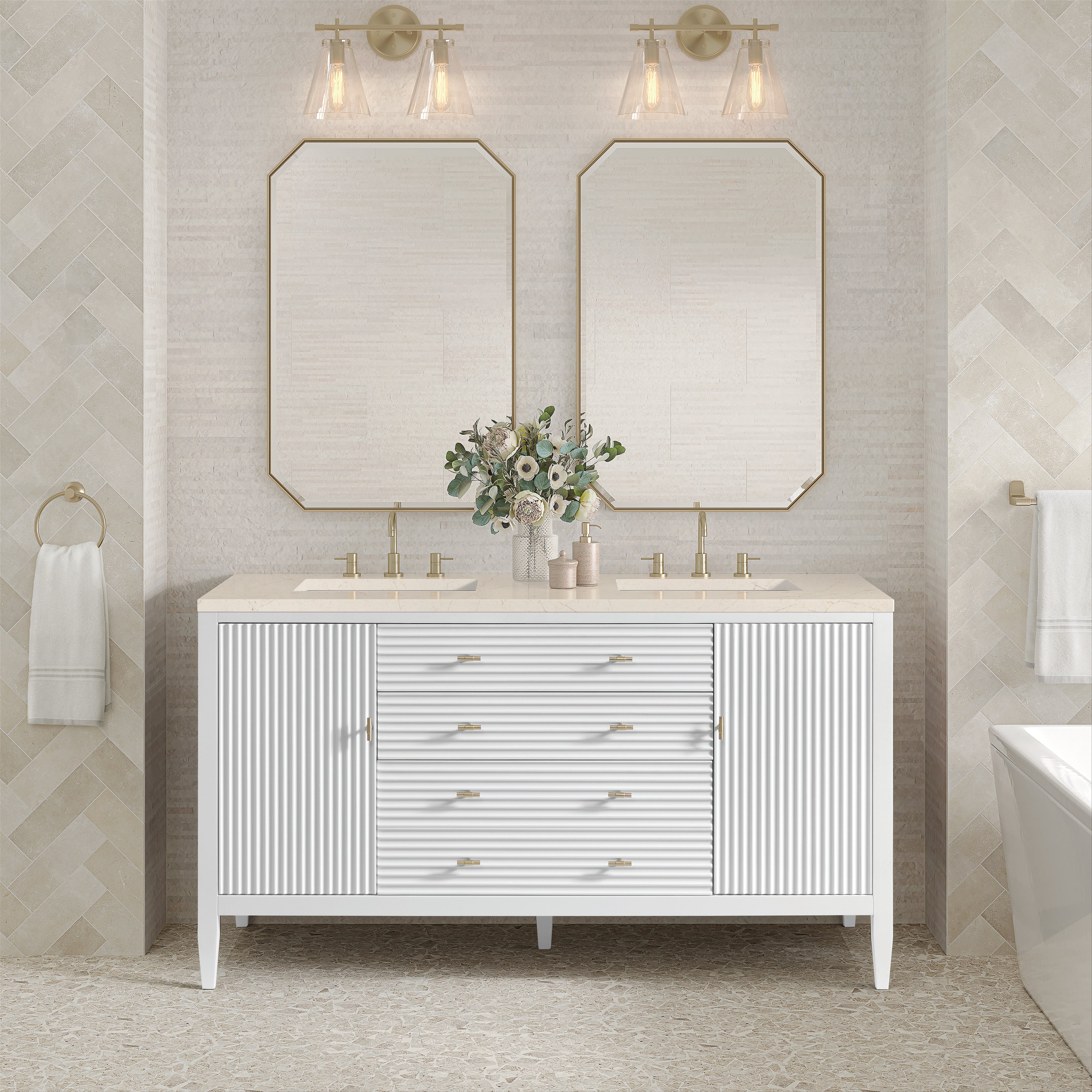 James Martin Myrrin 60" Double Vanity in Bright White with 3cm Countertop