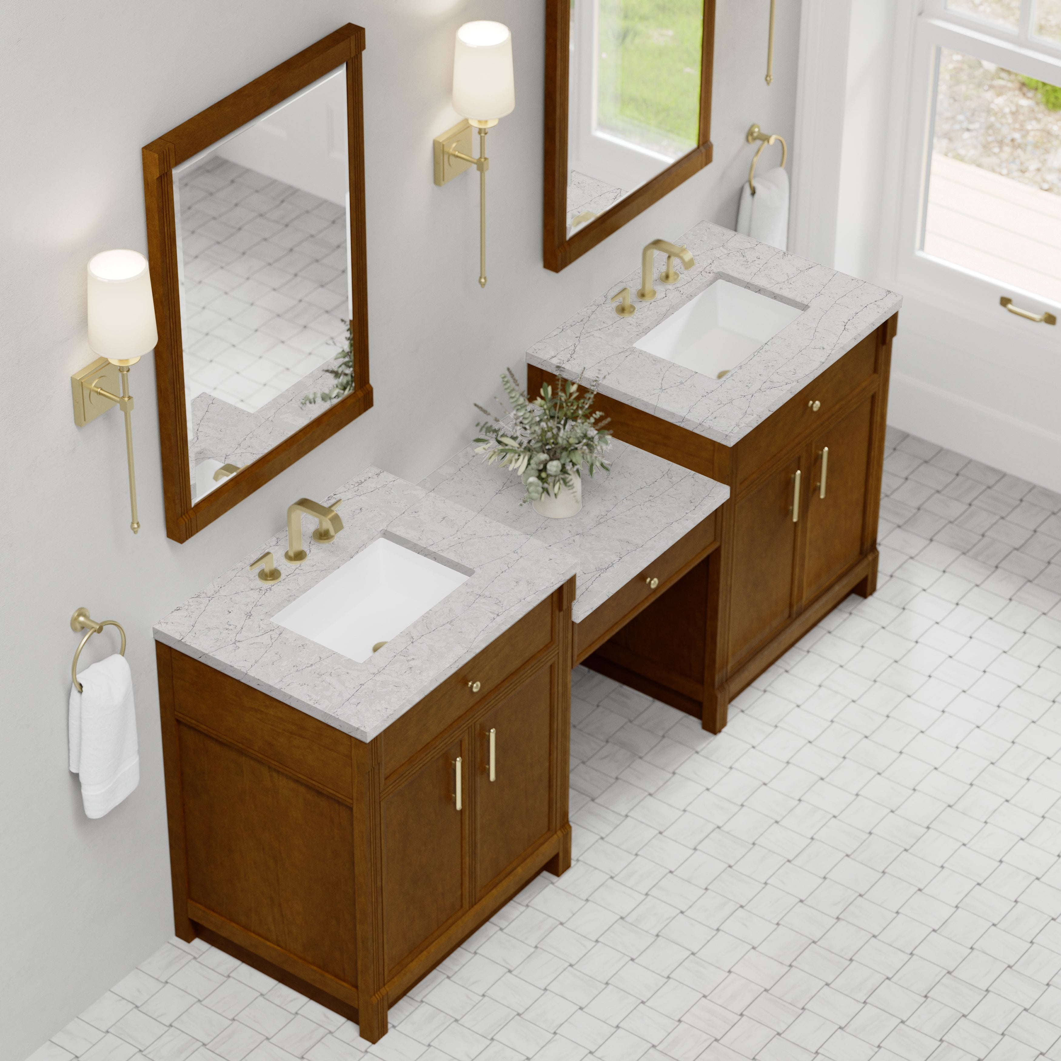 James Martin Bellshire 84" Dual Vanity Set with 24" Make-Up Counter in Honey Oak with 3cm Countertop