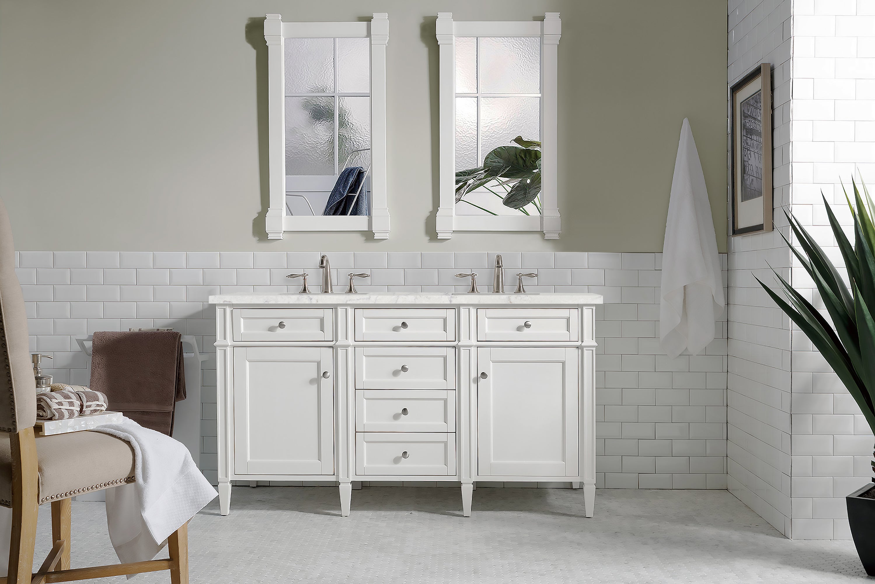 James Martin Brittany 60" Double Vanity in Bright White with 3cm Countertop