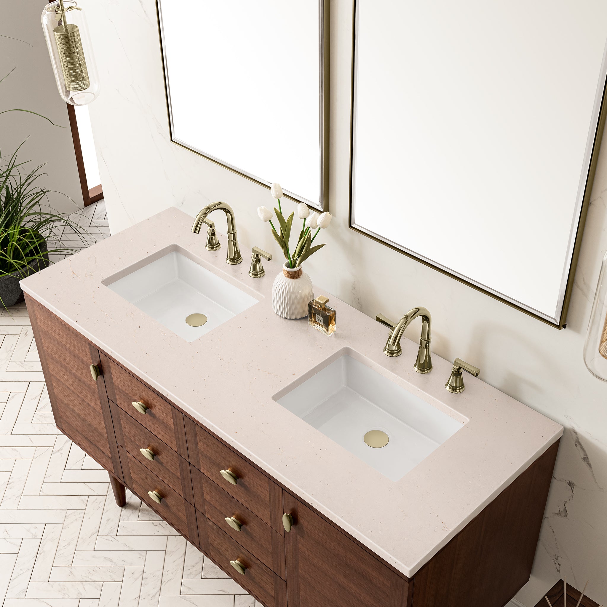 James Martin Amberly 60" Double Vanity in Mid-Century Walnut with 3cm Countertop