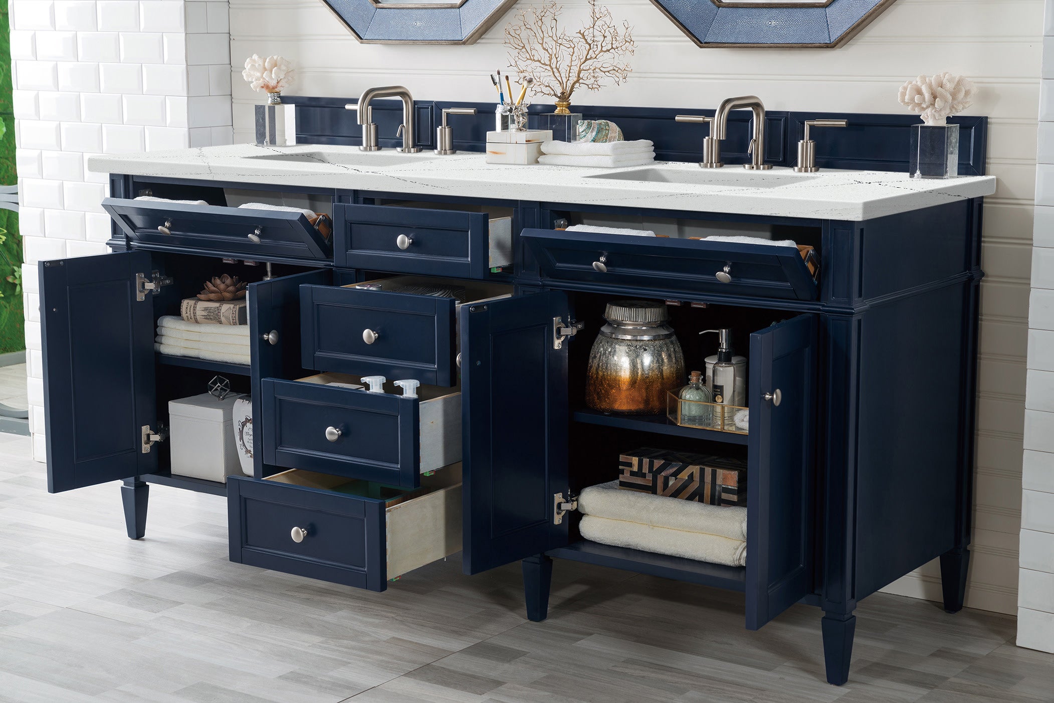 James Martin Brittany 72" Double Vanity in Victory Bleu with 3cm Countertop and FreePower Wireless Charger