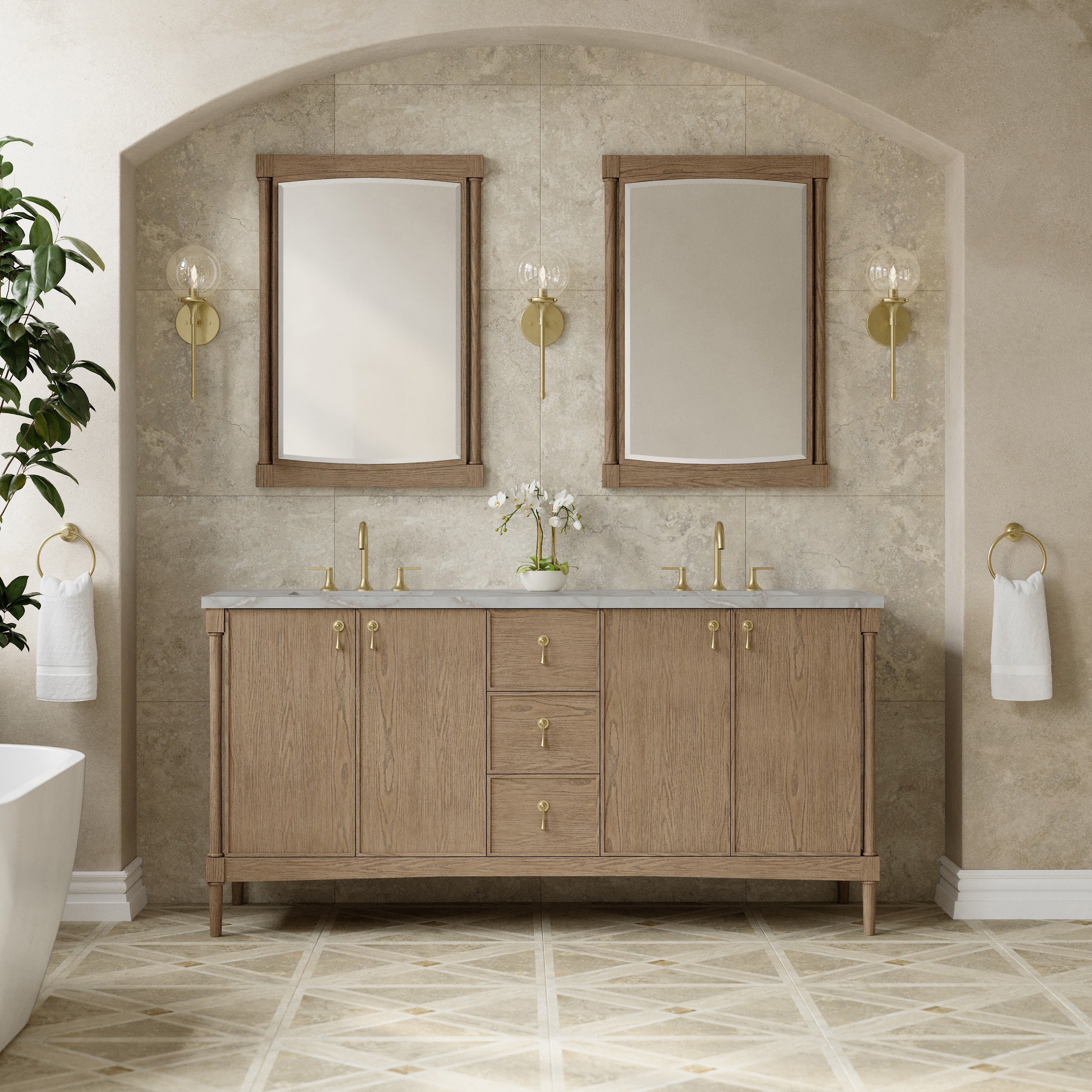 James Martin Kinnsden 72" Double Vanity in Weathered Oak with 3cm Carrara Marble Top and FreePower Wireless Charger
