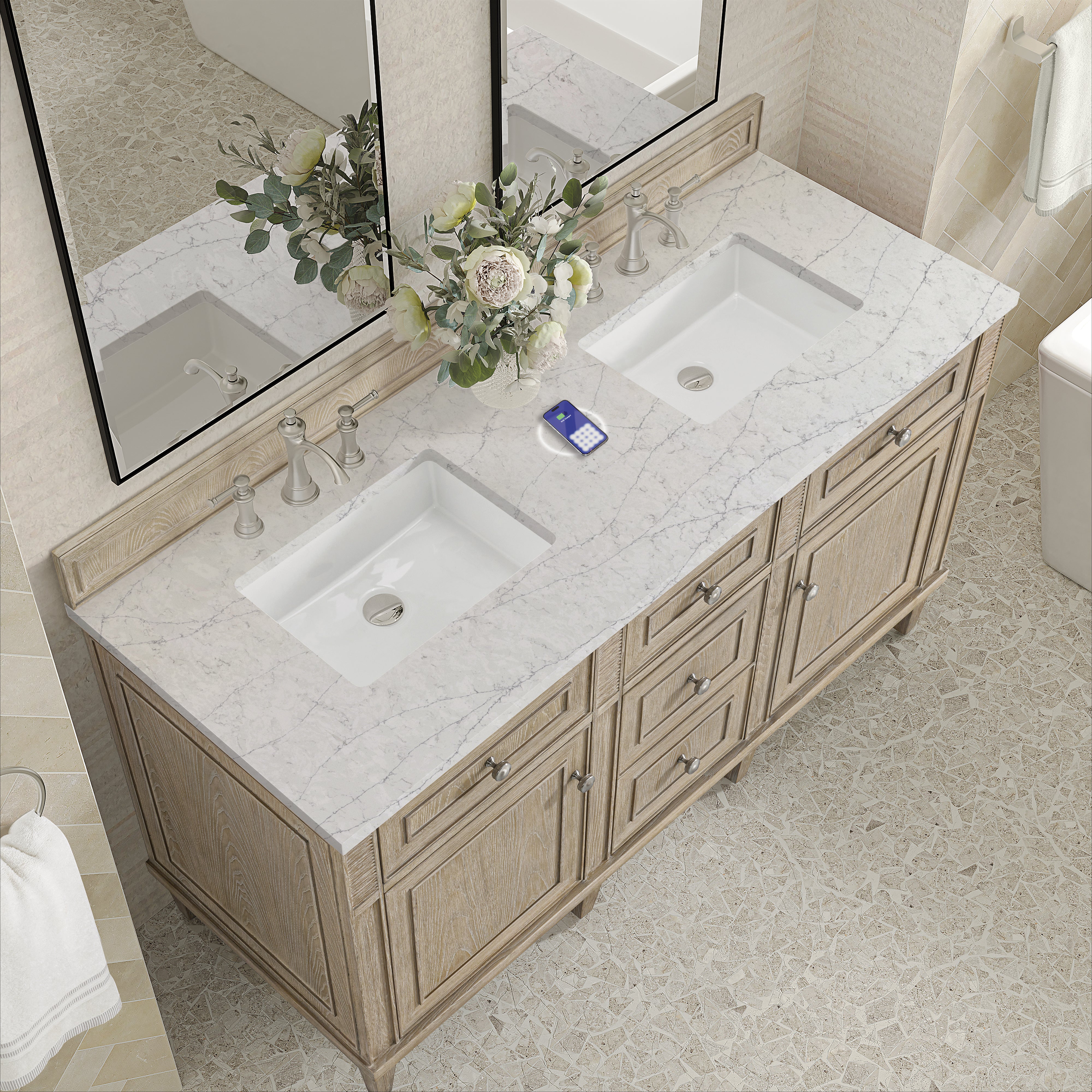 James Martin Lorelai 60" Double Vanity in Whitewashed Oak with 3cm Countertop and FreePower Wireless Charger