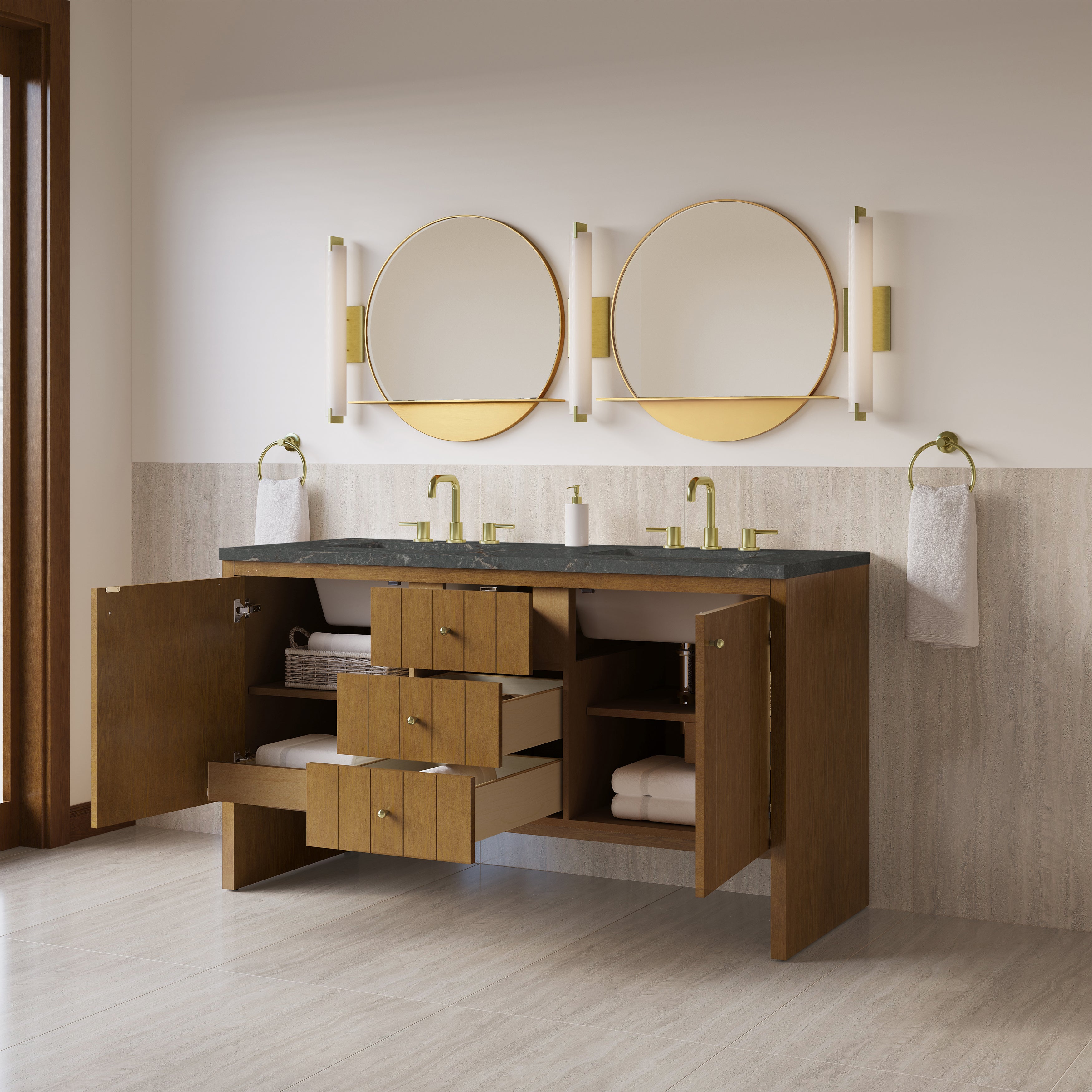 James Martin Hudson 60" Double Vanity in Honey Oak with 3cm Countertop and FreePower Wireless Charger