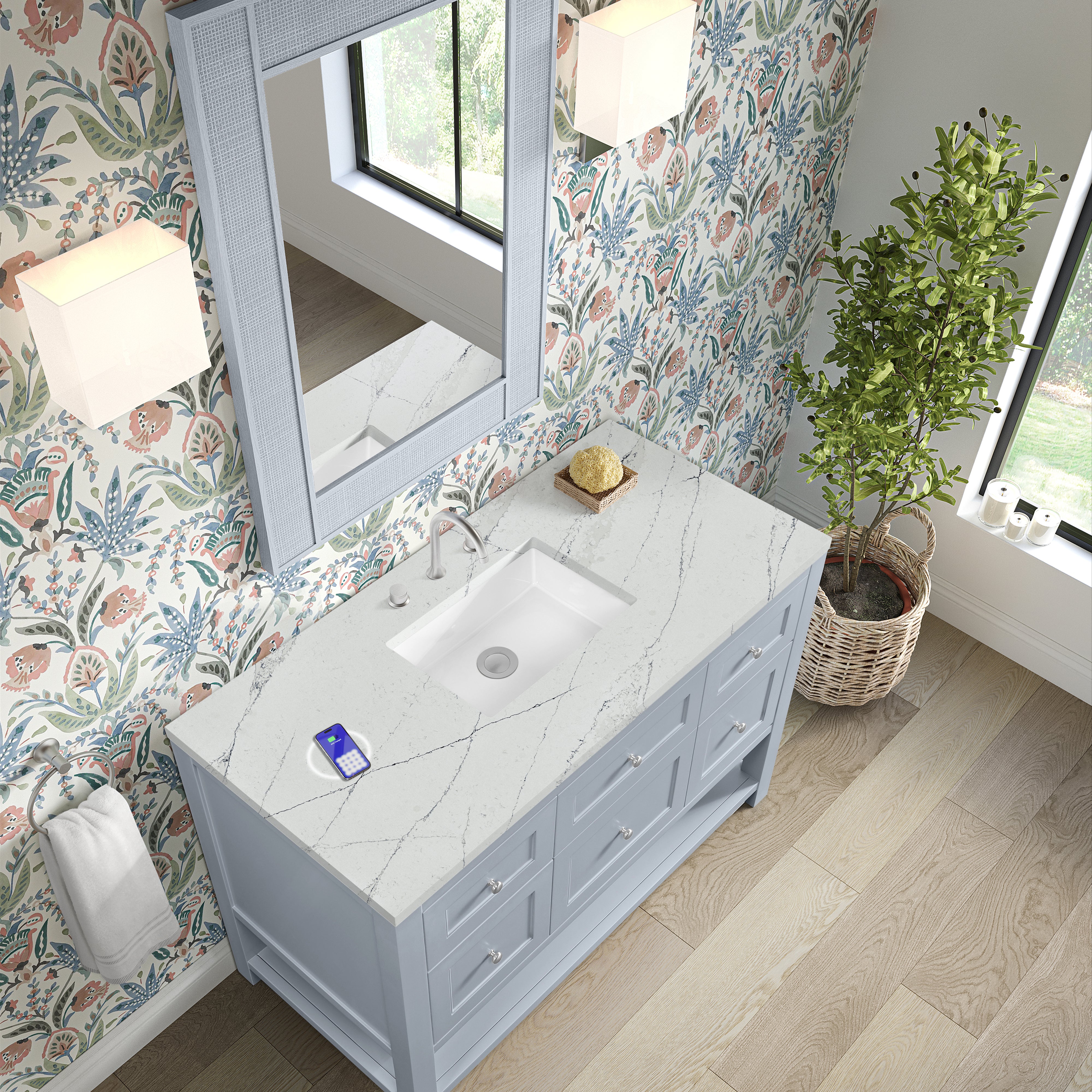 James Martin Breckenridge 48" Single Vanity in Serenity Blue with 3cm Countertop and FreePower Wireless Charger
