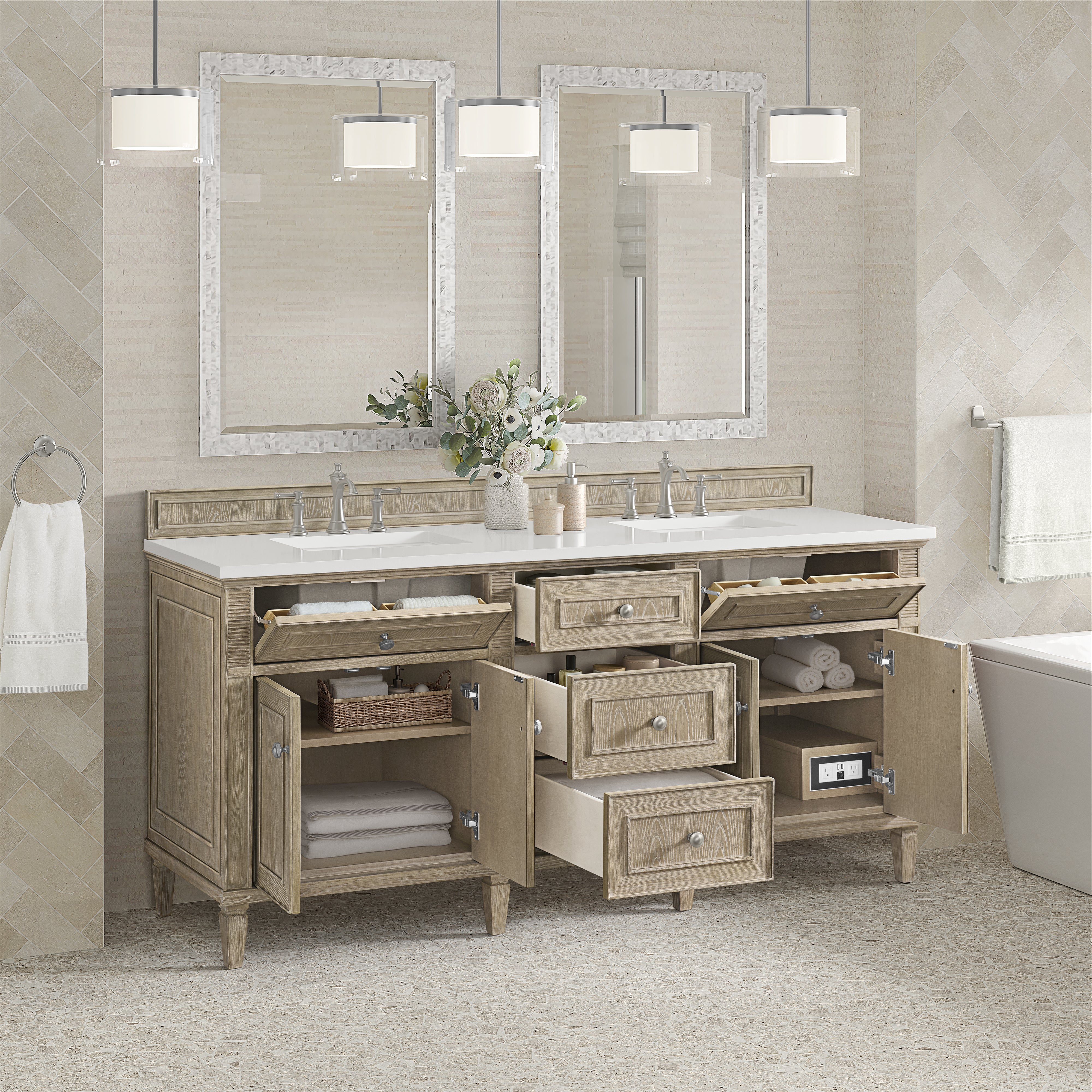James Martin Lorelai 72" Double Vanity in Whitewashed Oak with 3cm Countertop