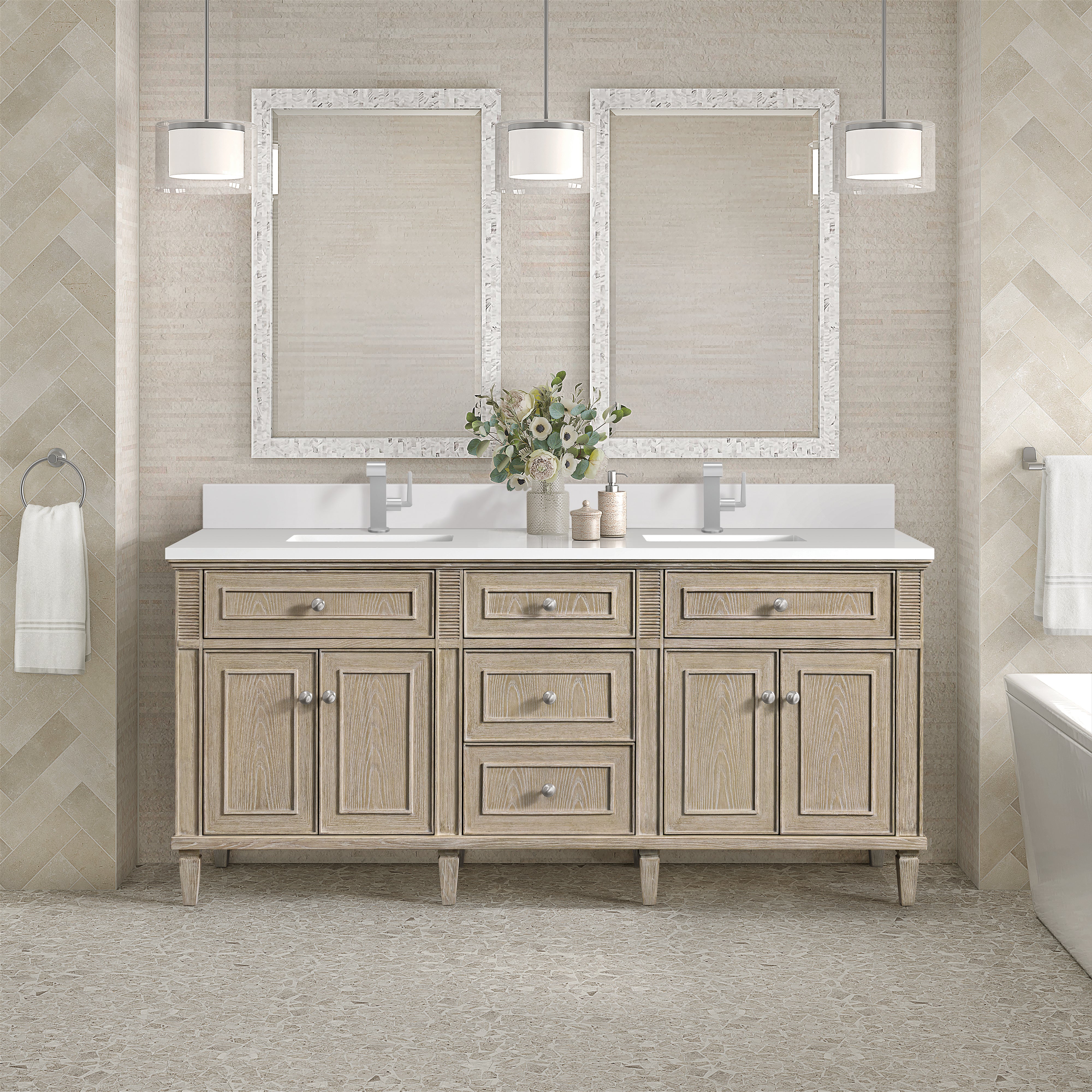 James Martin Lorelai 72" Double Vanity in Whitewashed Oak with 3cm Countertop