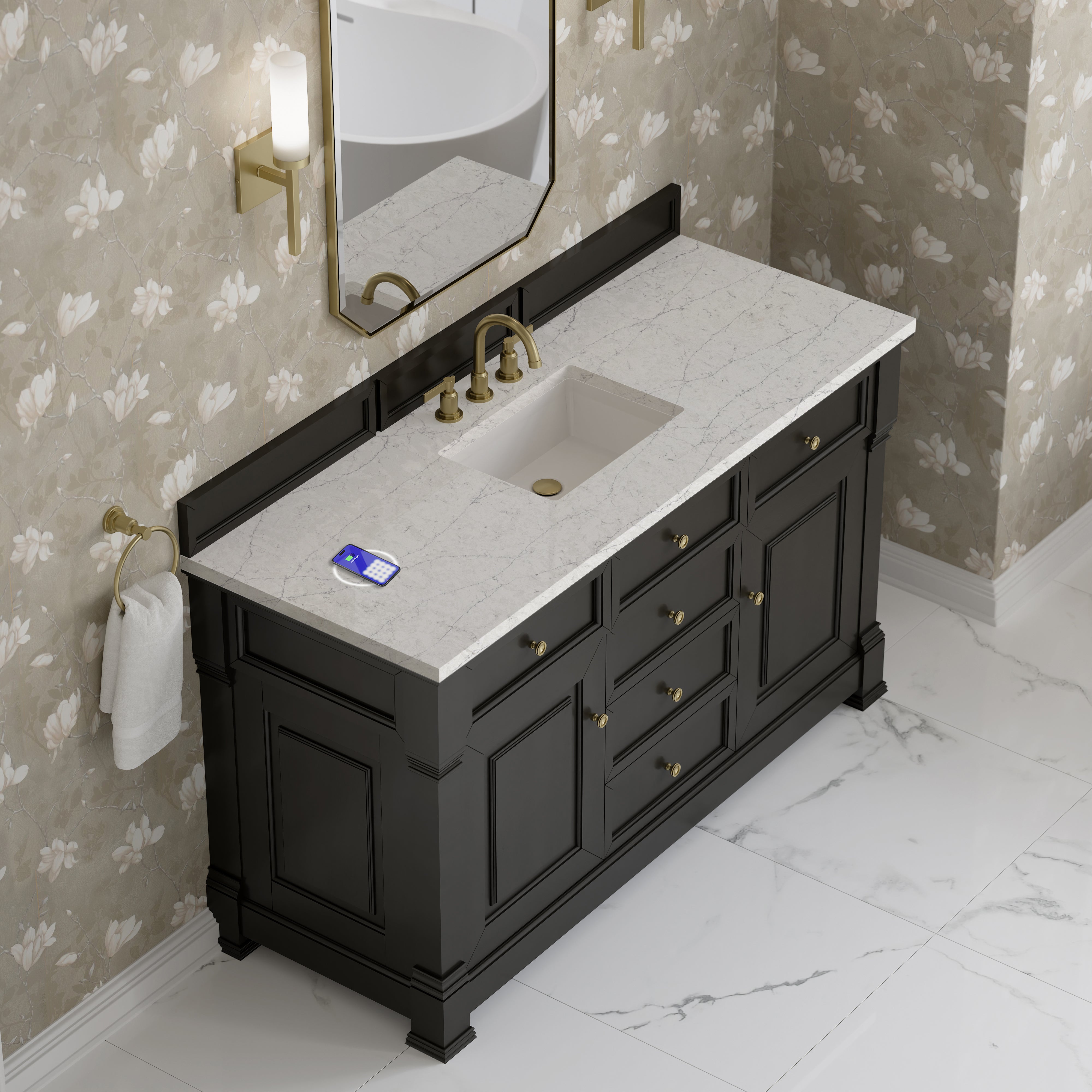 James Martin Brookfield 60" Single Vanity in Black Onyx with 3cm Countertop and FreePower Wireless Charger