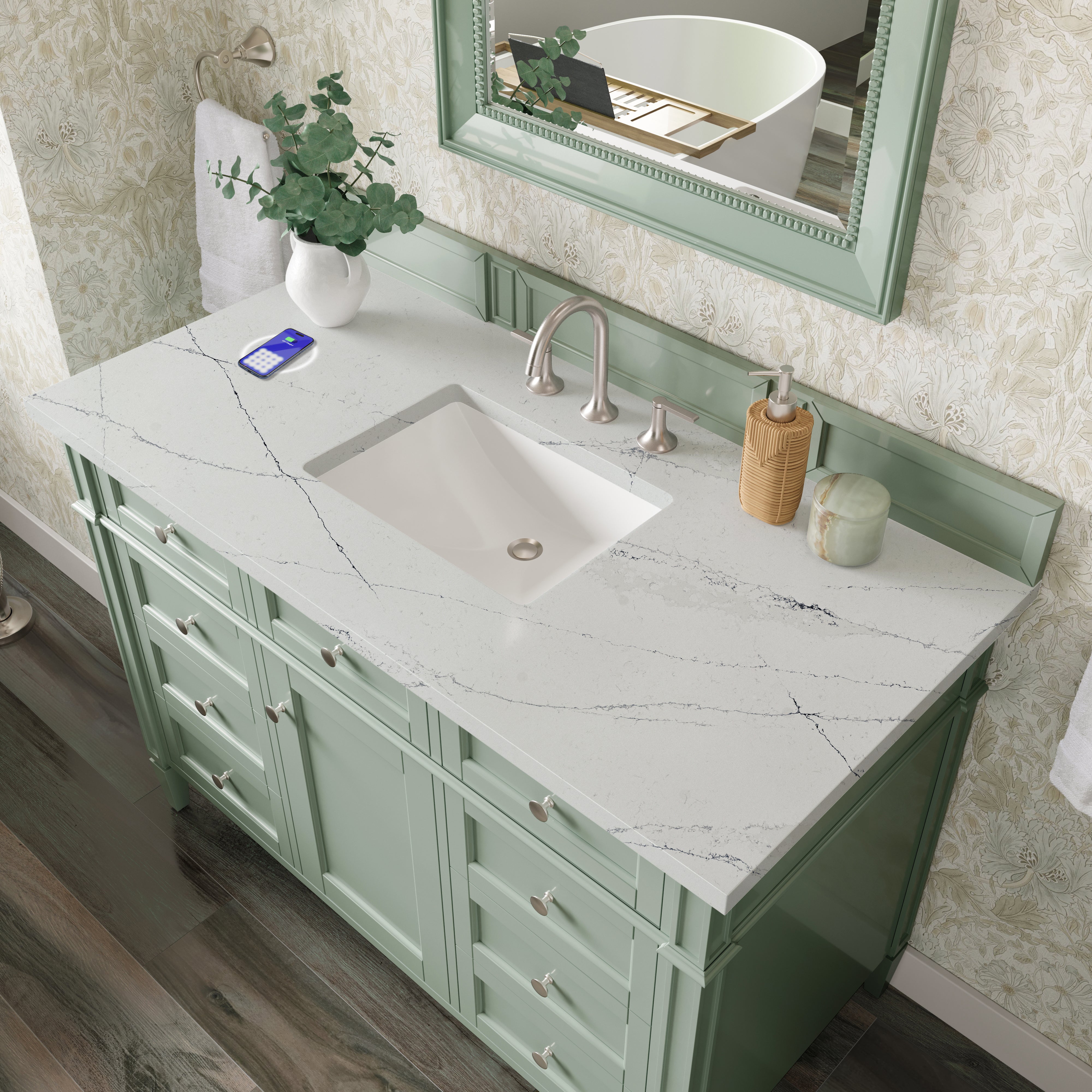 James Martin Brittany 48" Single Vanity in Sage Green with 3cm Countertop and FreePower Wireless Charger