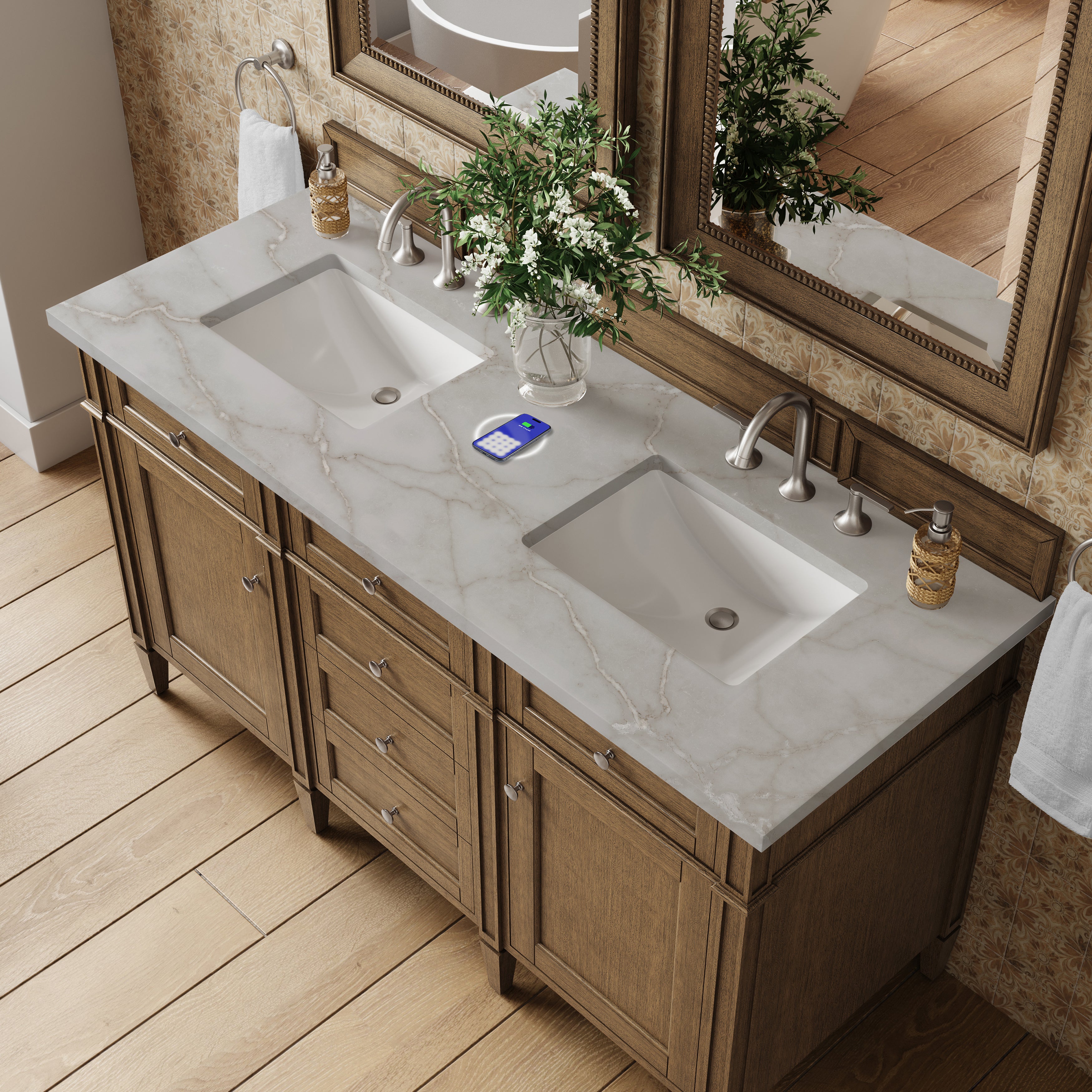 James Martin Brittany 60" Double Vanity in Saddle Brown with 3cm Countertop and FreePower Wireless Charger
