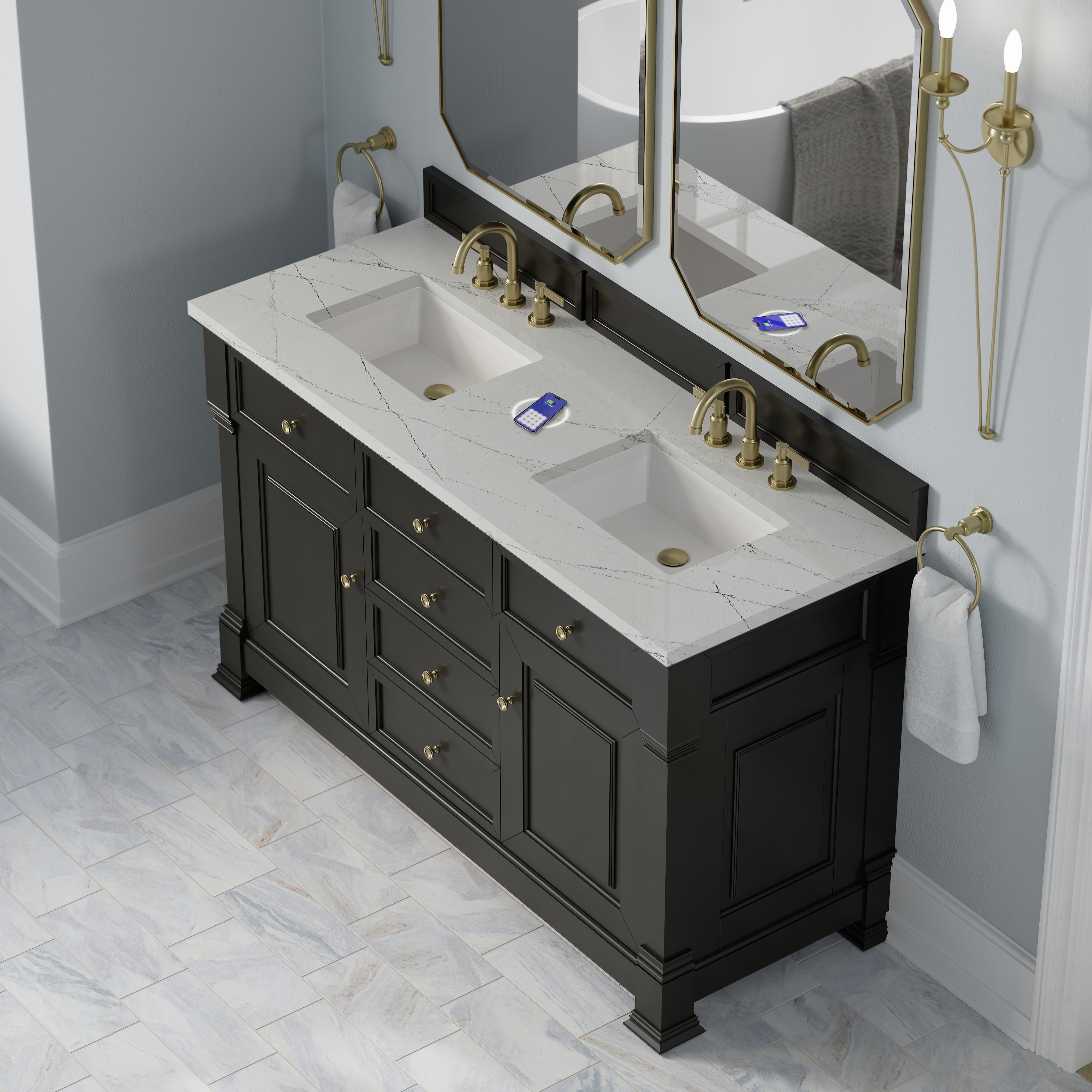 James Martin Brookfield 60" Double Vanity in Black Onyx with 3cm Countertop and FreePower Wireless Charger