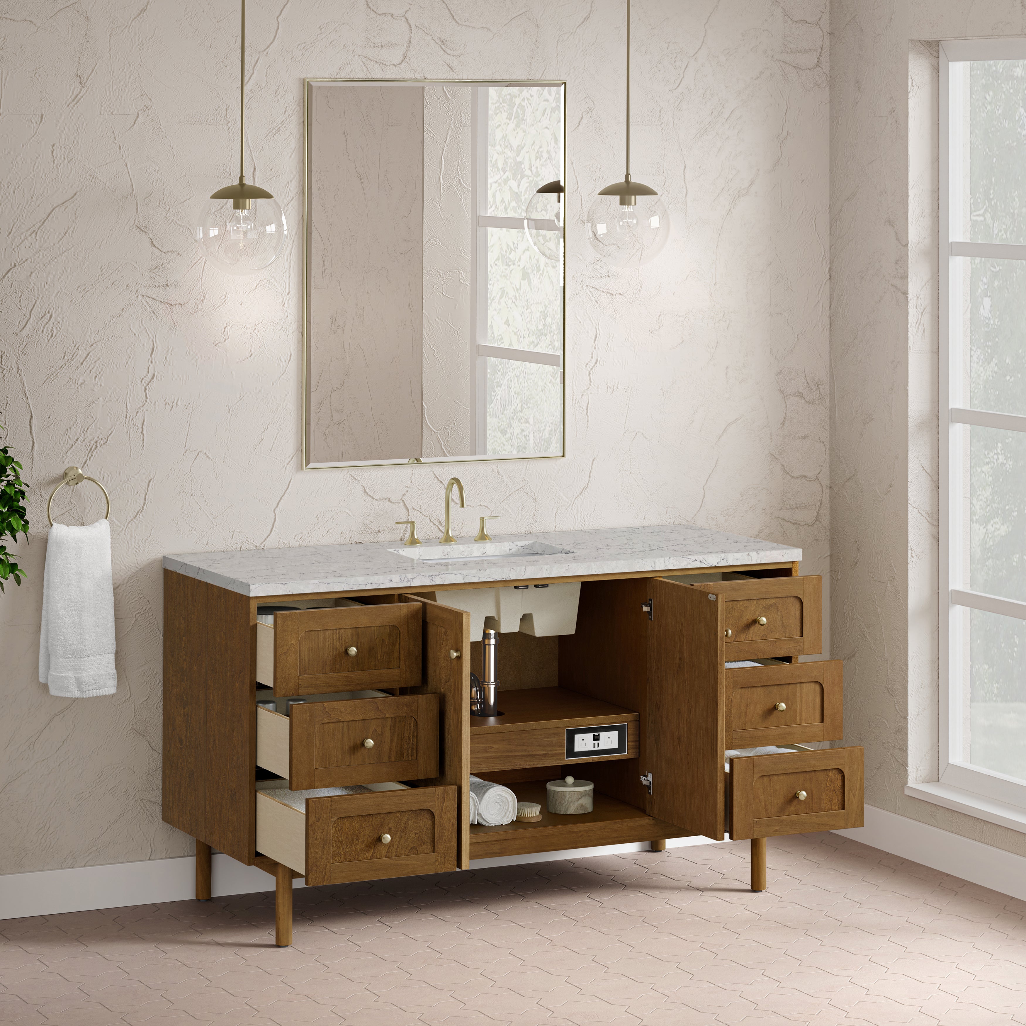 James Martin Laurent 60" Single Vanity in Honey Oak with 3cm Countertop and FreePower Wireless Charger