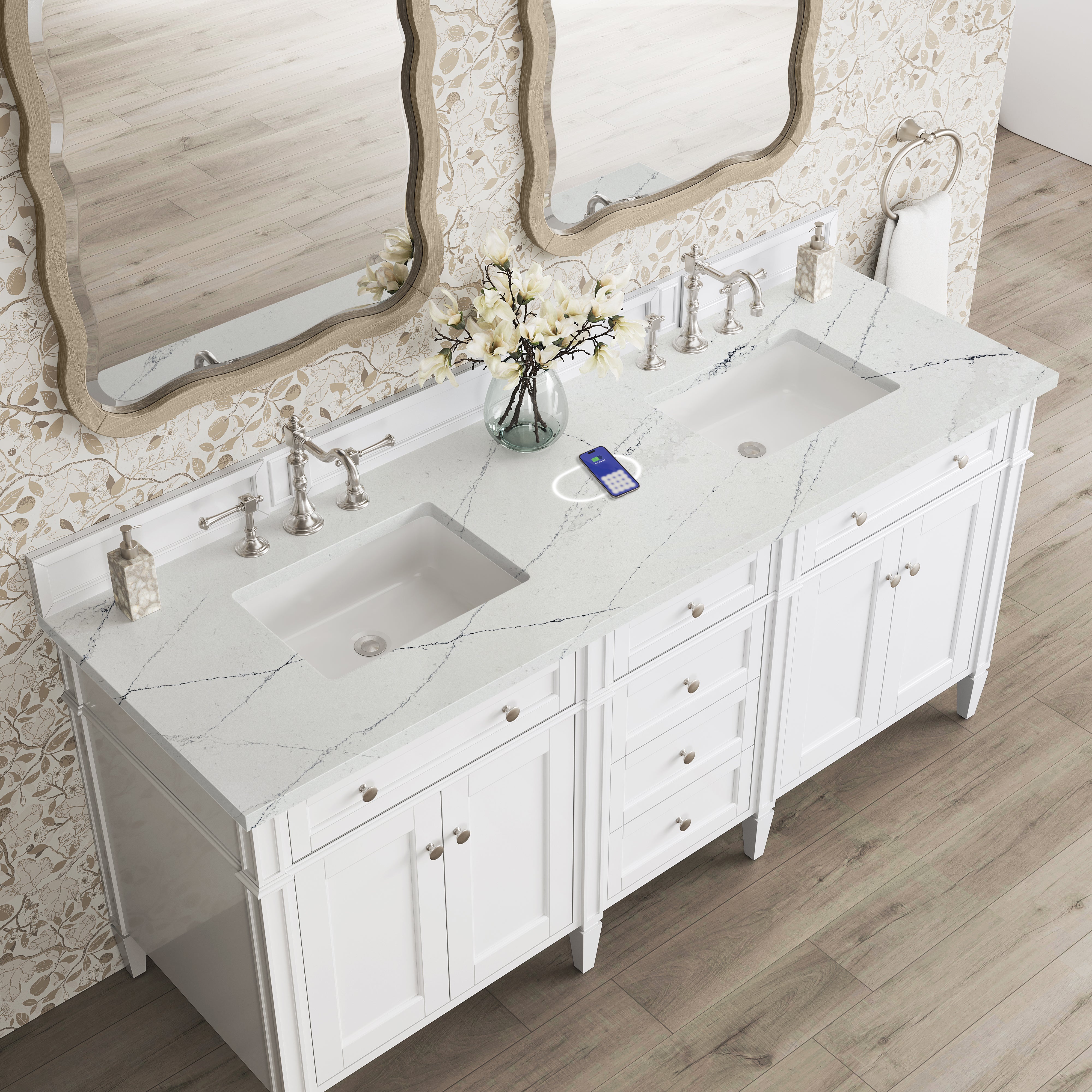 James Martin Brittany 72" Double Vanity in Bright White with 3cm Countertop and FreePower Wireless Charger