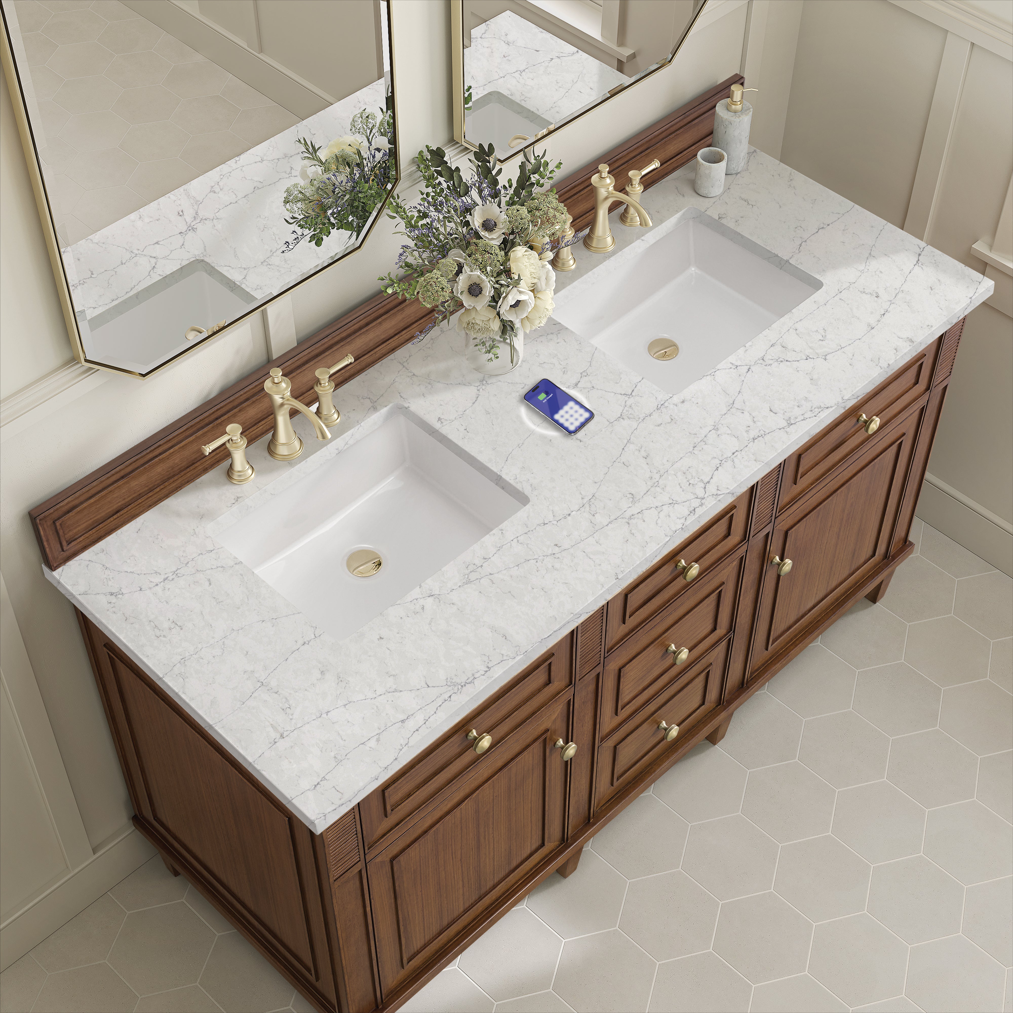 James Martin Lorelai 60" Double Vanity in Mid-Century Walnut with 3cm Countertop and FreePower Wireless Charger
