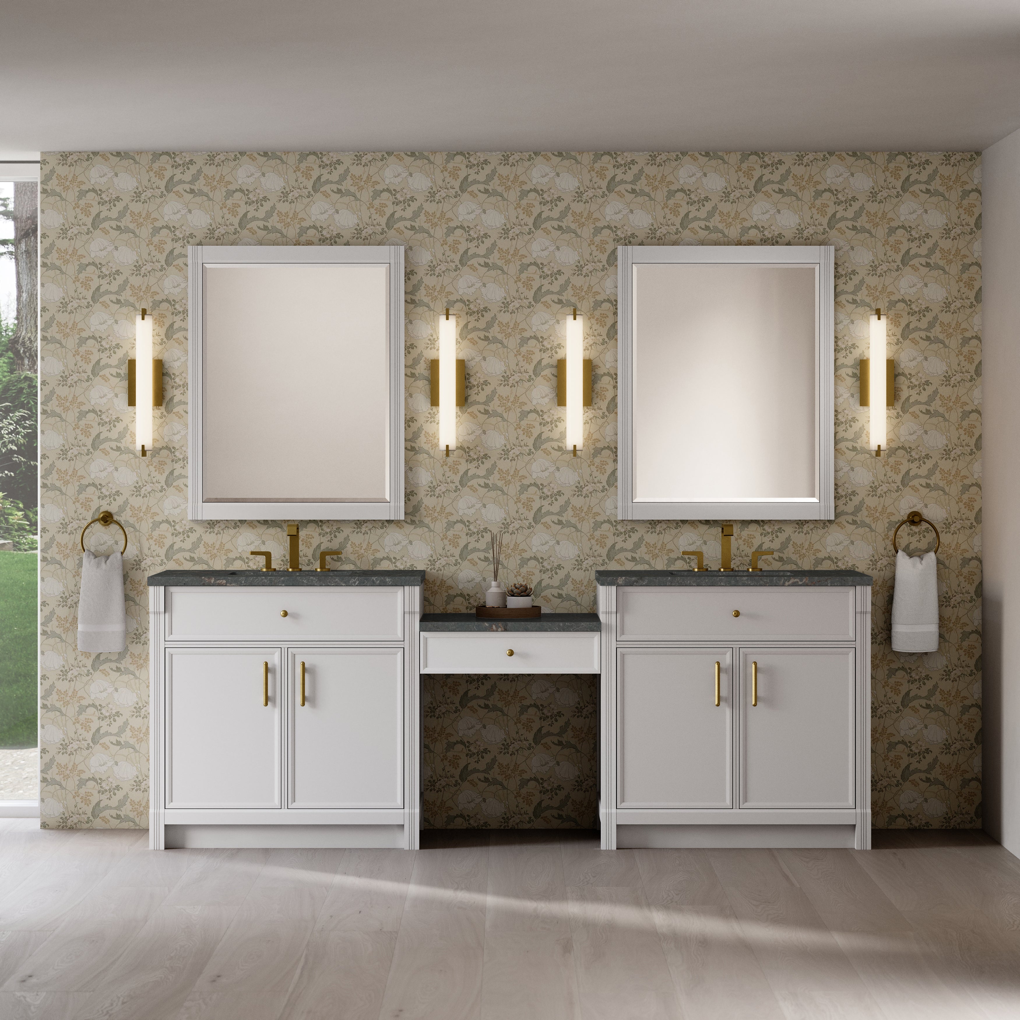 James Martin Bellshire 96" Dual Vanity Set with 24" Make-Up Counter in Bright White with 3cm Countertop