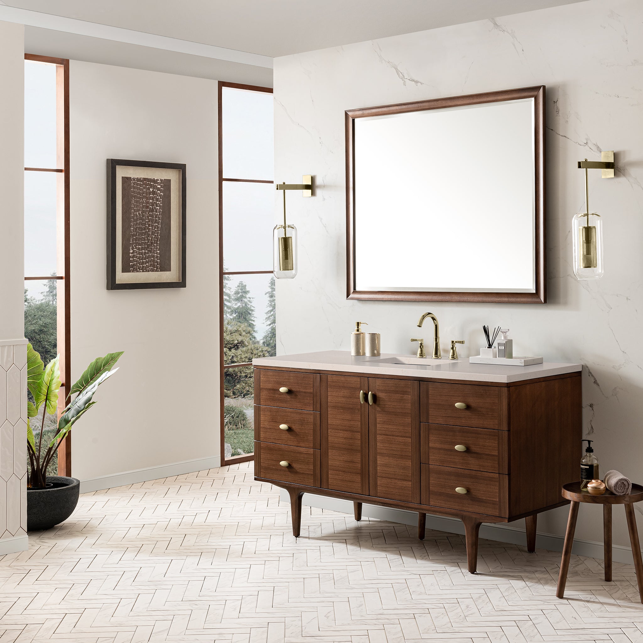 James Martin Amberly 60" Single Vanity in Mid-Century Walnut with 3cm Countertop