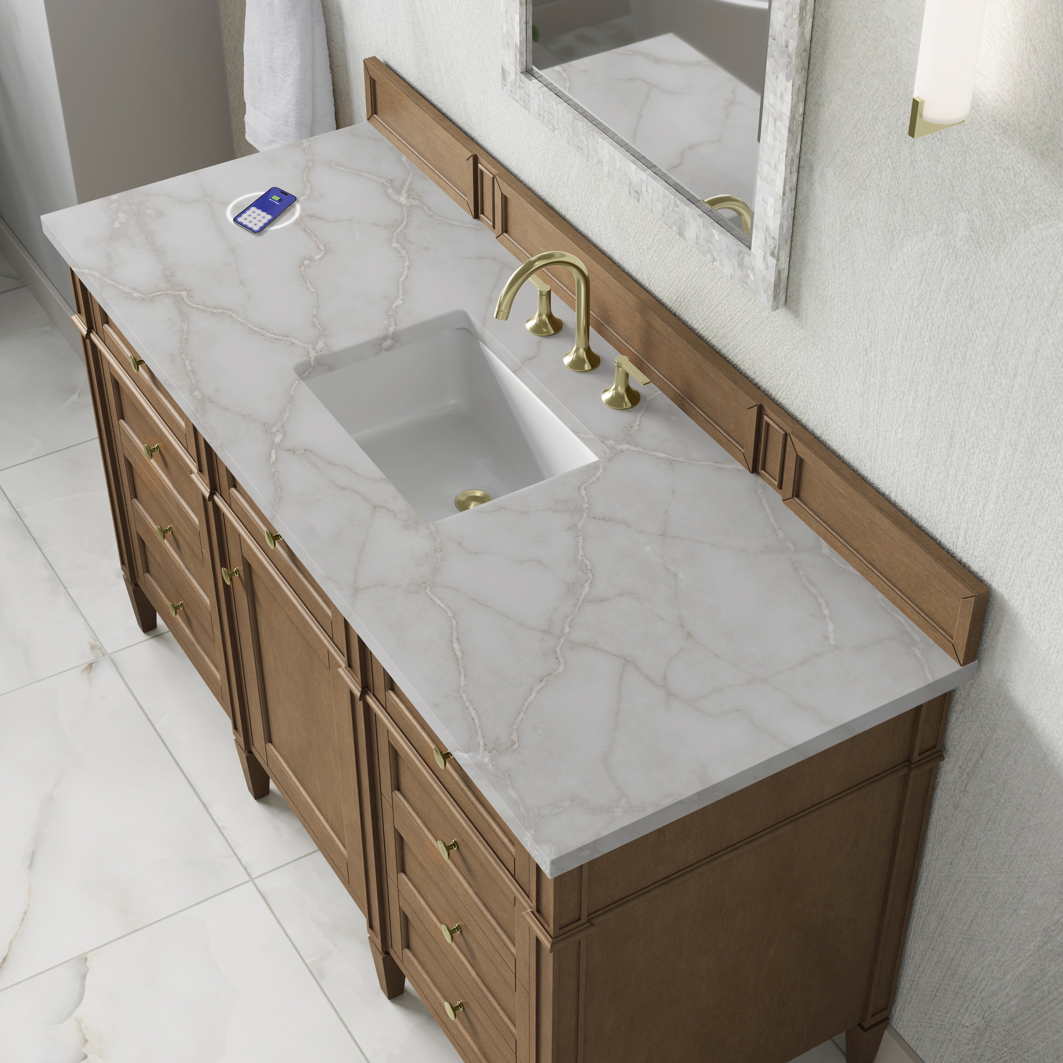 James Martin Brittany 60" Single Vanity in Pecan with 3cm Countertop and FreePower Wireless Charger