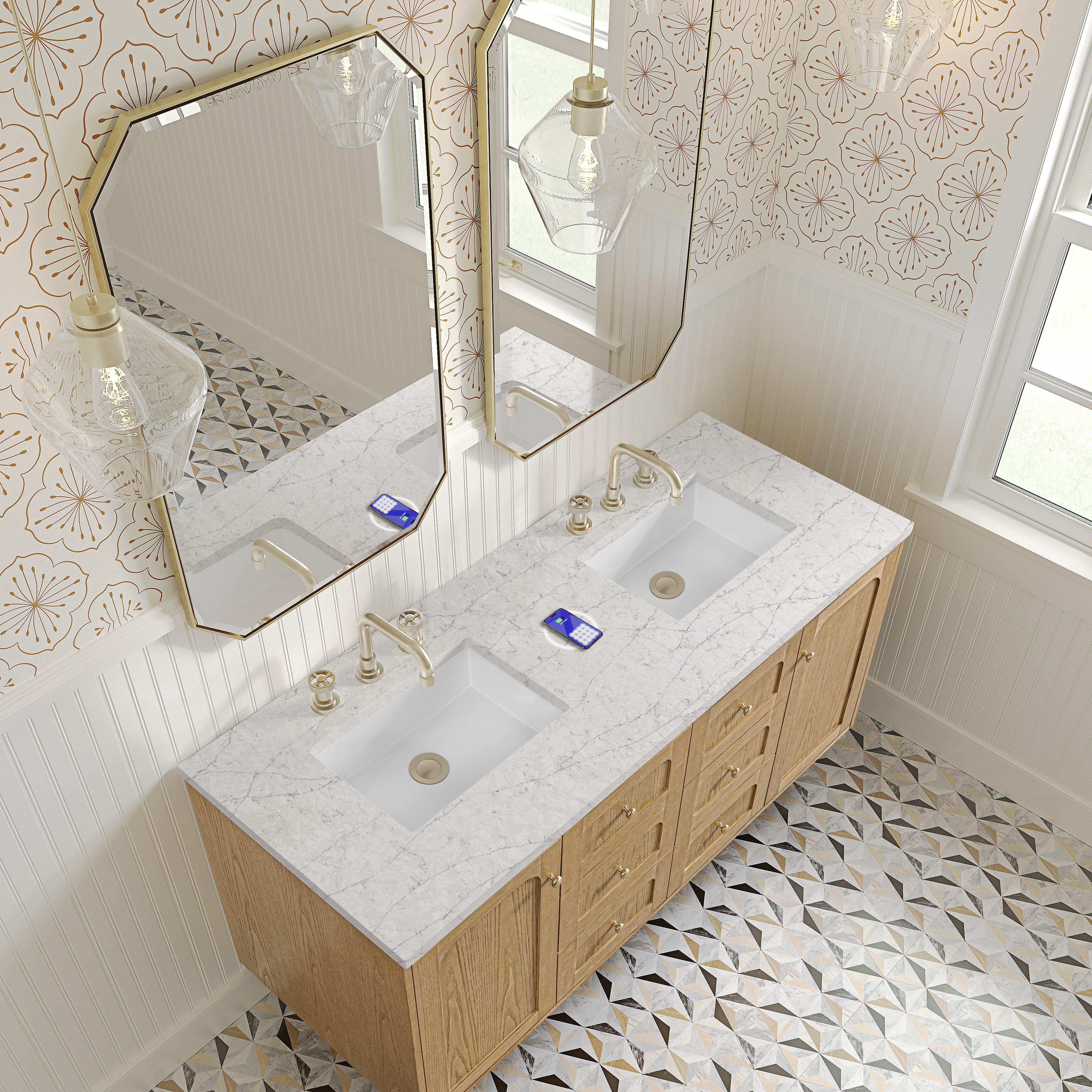 James Martin Laurent 60" Double Vanity in Light Natural Oak with 3cm Countertop and FreePower Wireless Charger