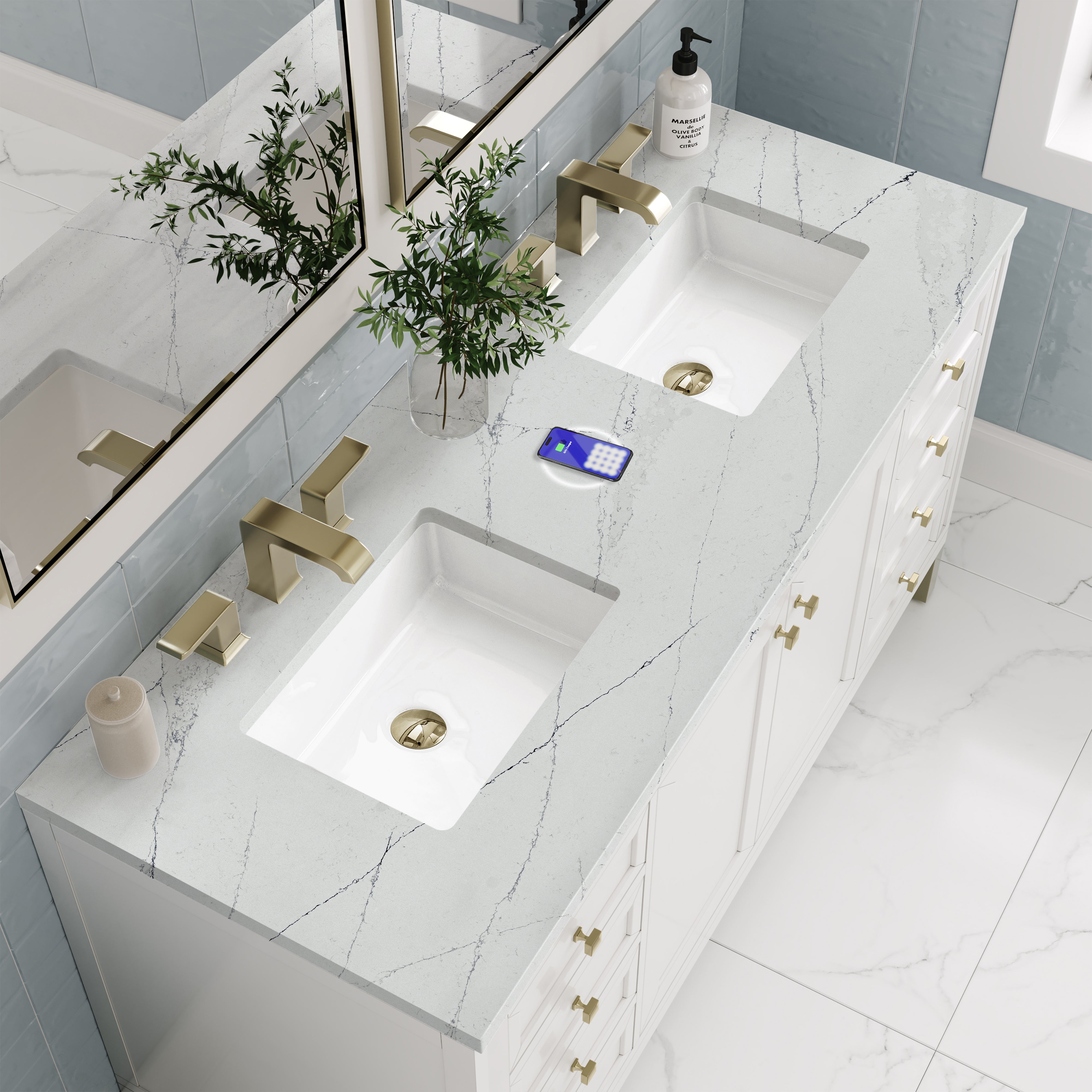 James Martin Chicago 60" Double Vanity in Glossy White with 3cm Countertop and FreePower Wireless Charger