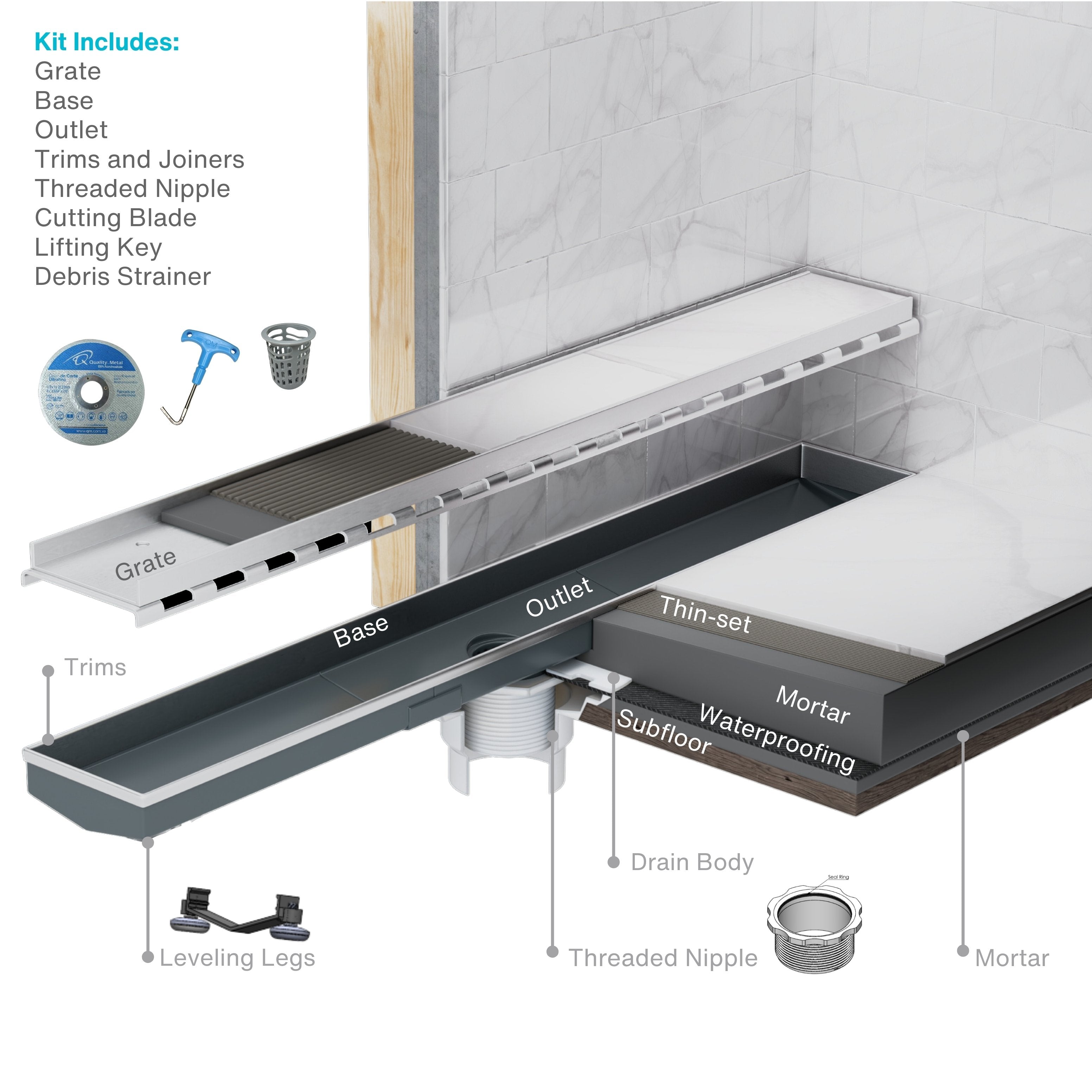 Mist (Tile-In) Adjustable Kit Lagos Linear Drain 3" High Flow