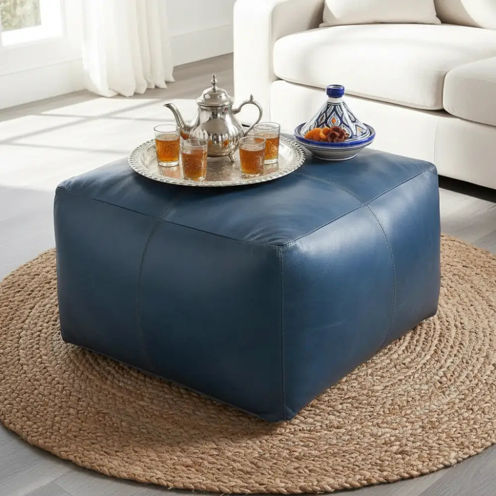 Large Leather Ottoman - Square - Blue - Coffee Table