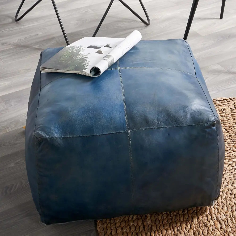 Large Leather Ottoman - Square - Blue - Coffee Table