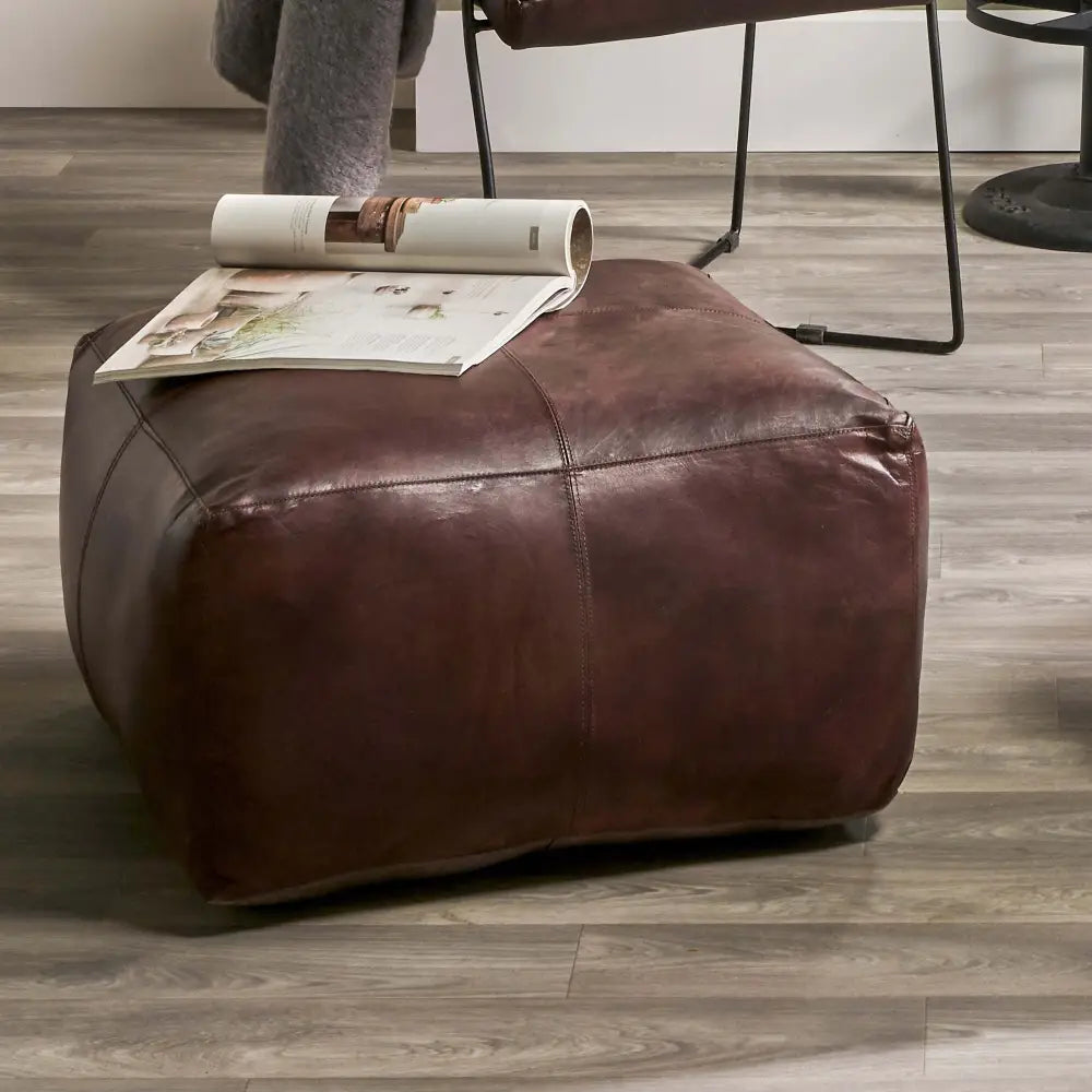 Large Leather Ottoman - Square - Brown - Coffee Table