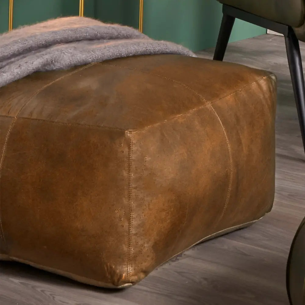 Large Leather Ottoman - Square - Light Brown - Coffee Table