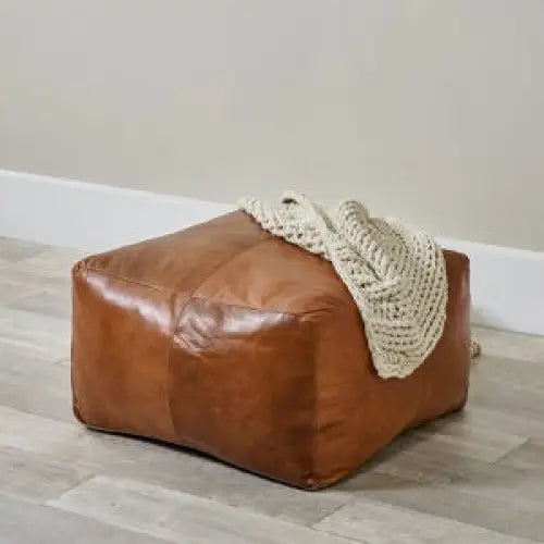 Large Leather Ottoman - Square - Light Brown - Coffee Table