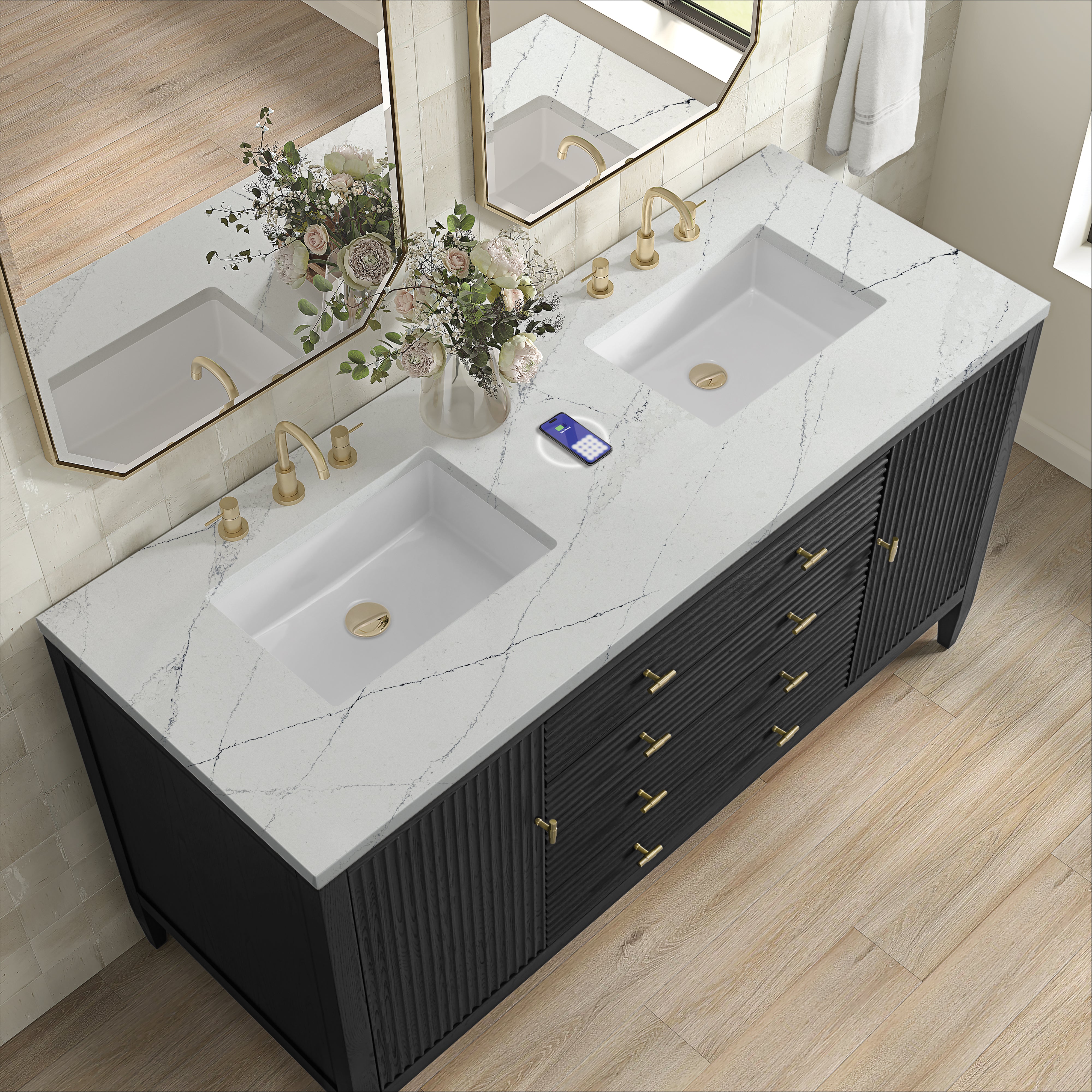 James Martin Myrrin 60" Double Vanity in Carbon Oak with 3cm Countertop and FreePower Wireless Charger