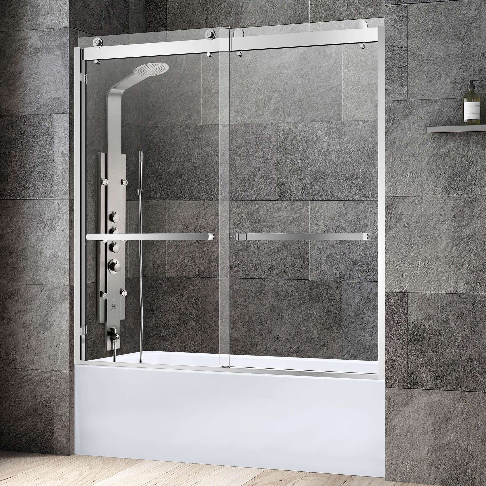 WOODBRIDGE Frameless Bathtub Shower Doors 56-60" Width x 62"Height with 3/8"(10mm) Clear Tempered Glass, 2 Ways Opening & Double Sliding,SDD6062