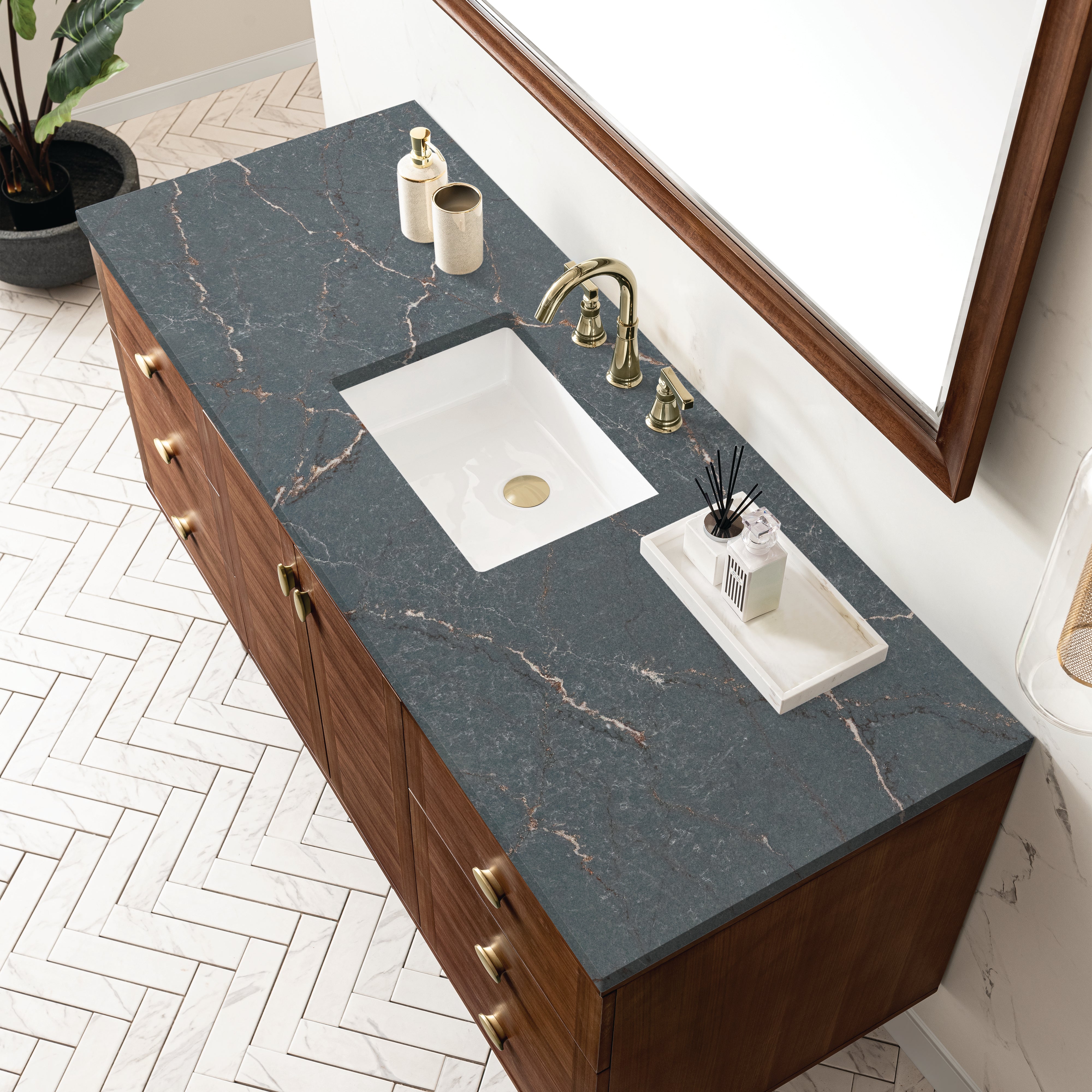 James Martin Amberly 60" Single Vanity in Mid-Century Walnut with 3cm Countertop and FreePower Wireless Charger