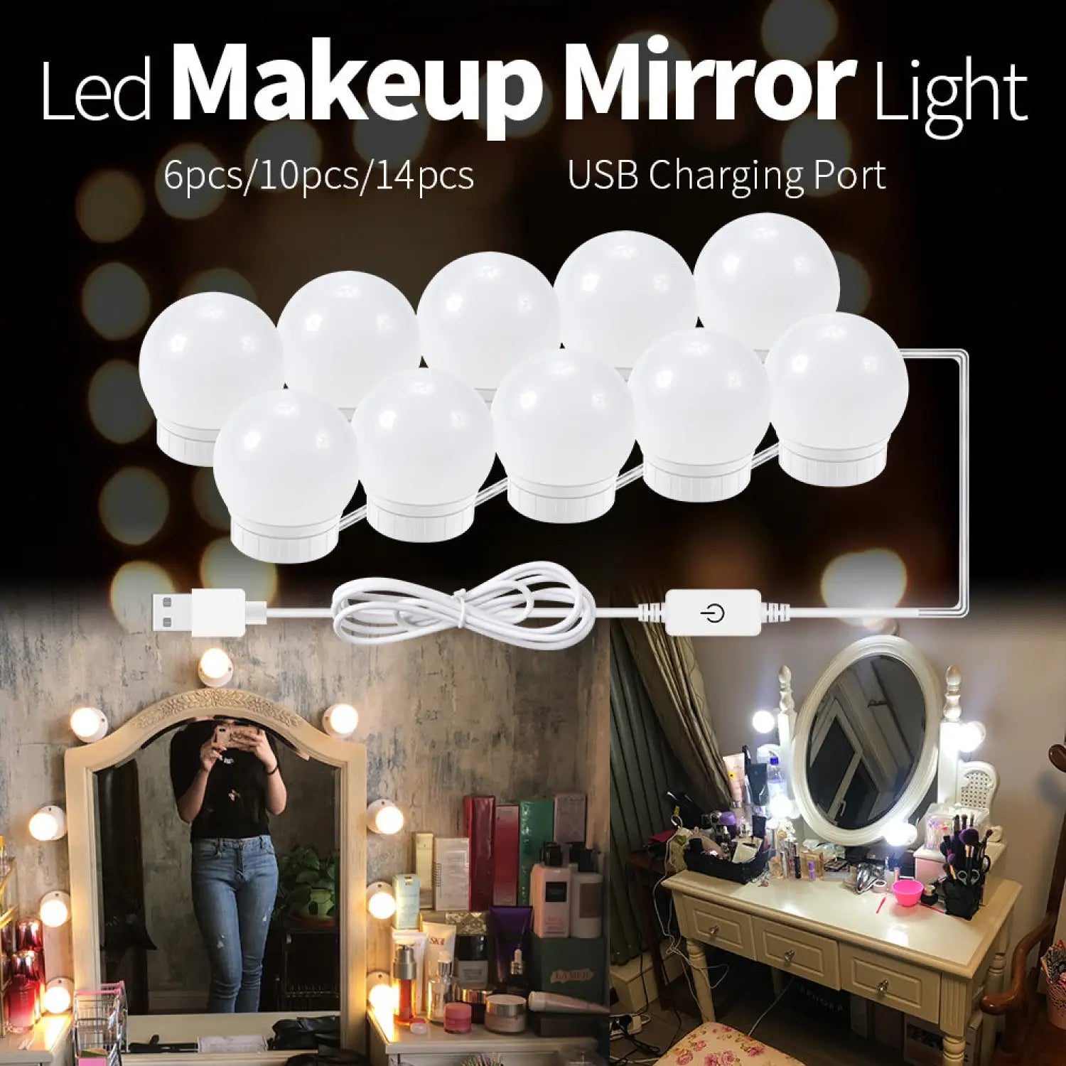 LED Mirror Light Bulbs with USB Touch Switch for Vanity & Dressing Table