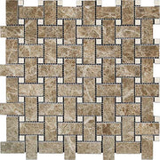 Light Emperador Polished Marble Mosaic Basketweave With Crema Dot 1"X2"