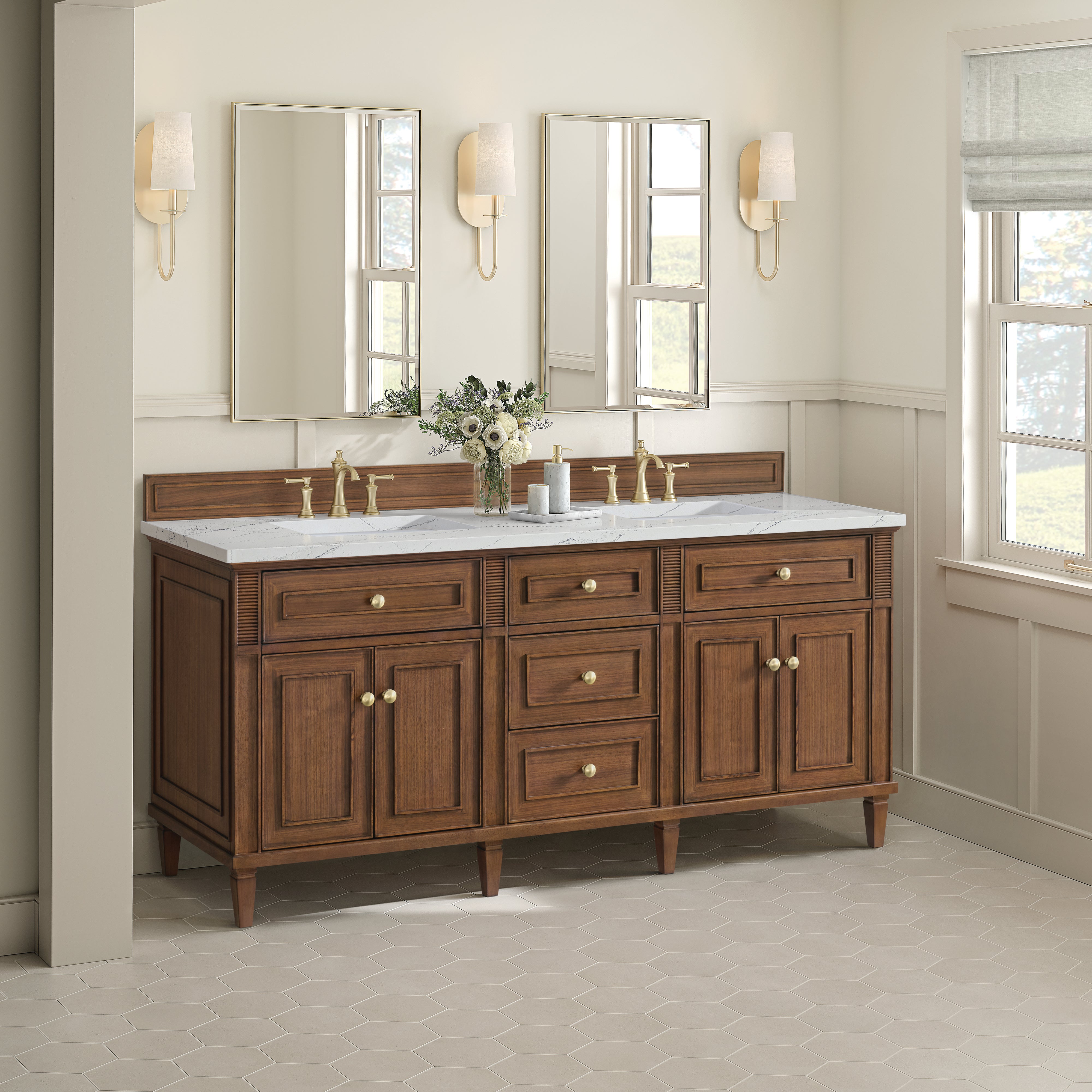 James Martin Lorelai 72"Double Vanity in Mid-Century Walnut with 3cm Countertop and FreePower Wireless Charger