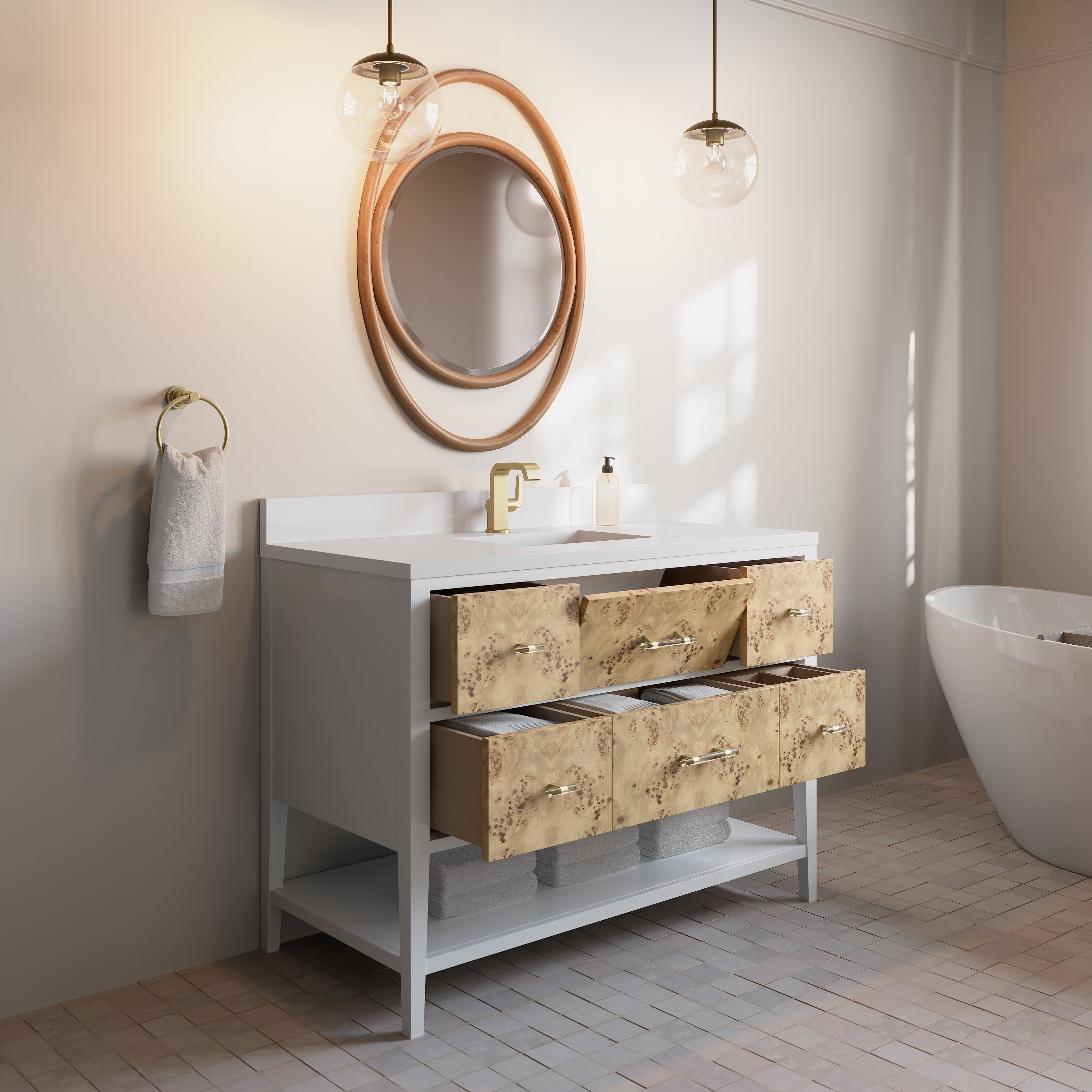 James Martin Olena 48" Single Vanity in Light Mappa Burl and Polished White with 3cm Countertop