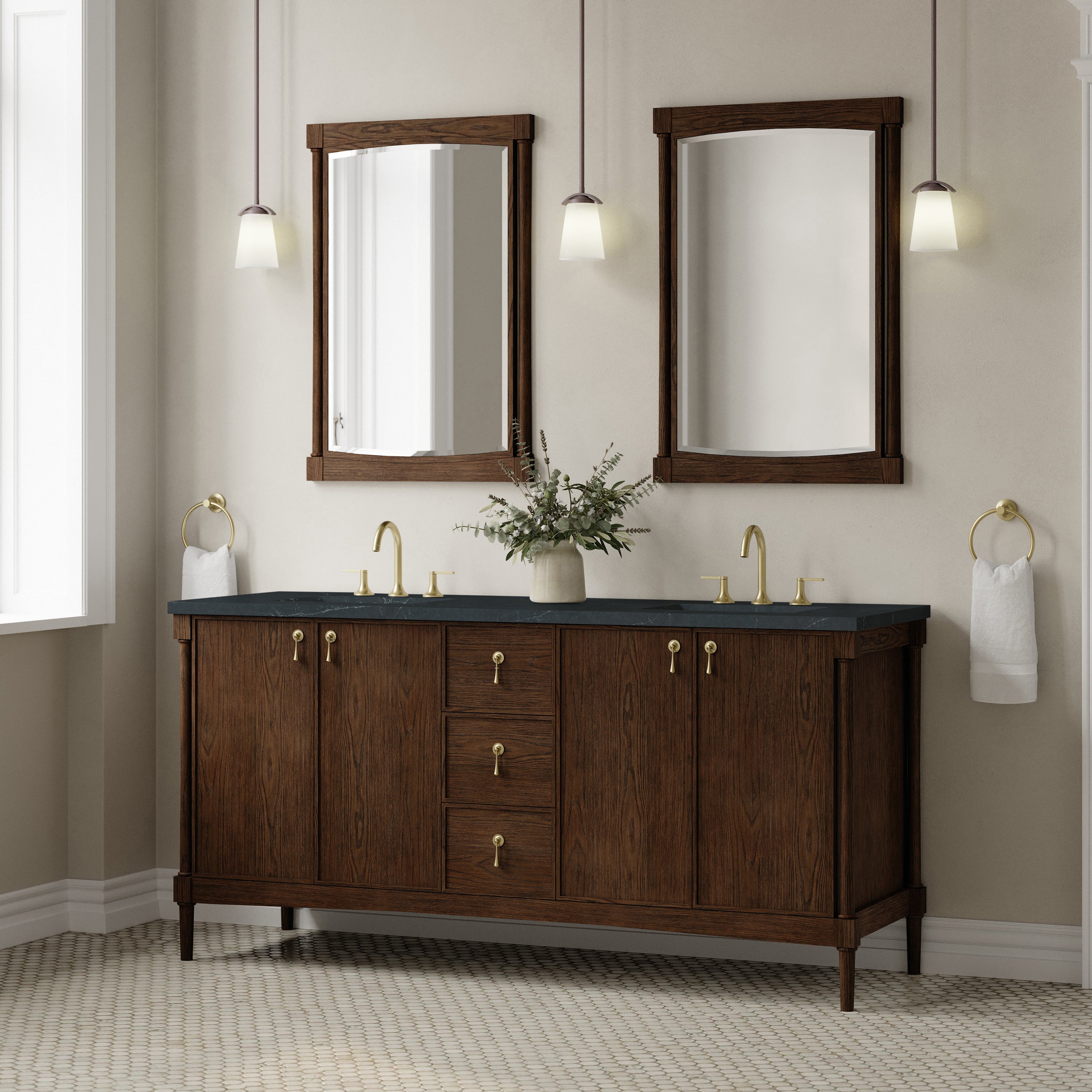 James Martin Kinnsden 72" Double Vanity in Sable Oak with 3cm Carrara Marble Top