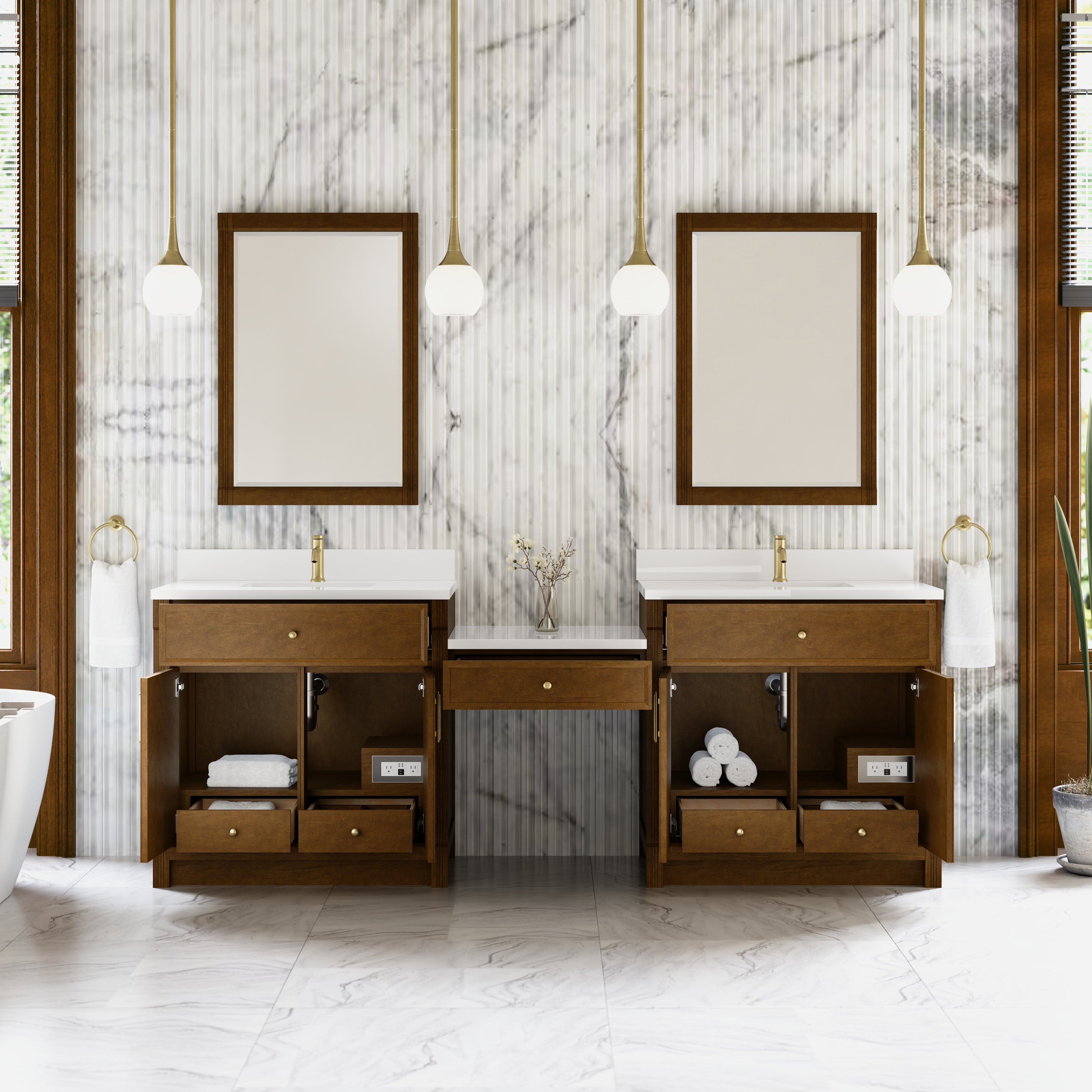 James Martin Bellshire 96" Dual Vanity Set with 24" Make-Up Counter in Honey Oak with 3cm Countertop