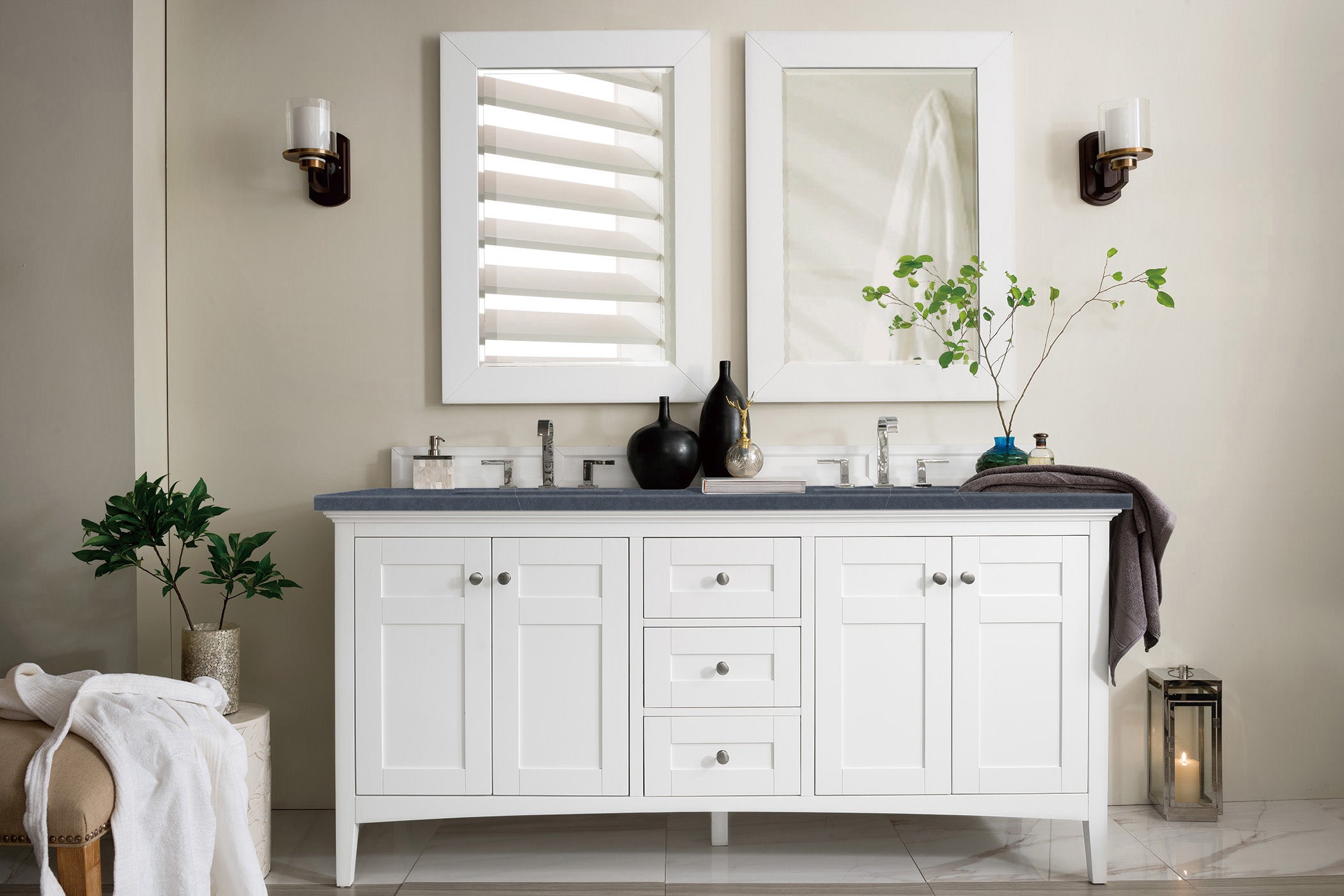 James Martin Palisades 72" Double Vanity in Bright White with 3cm Countertop